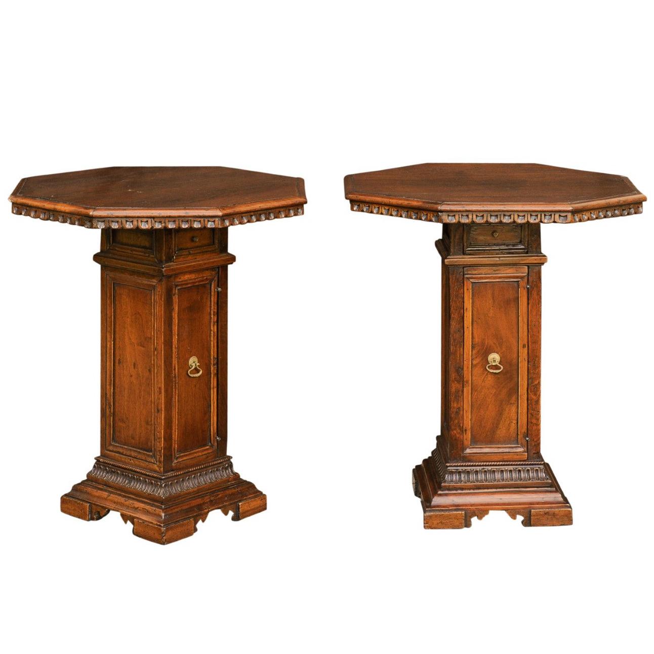 Pair of Italian 1850s Walnut Octagonal Pedestal Carved Tables with Single Door