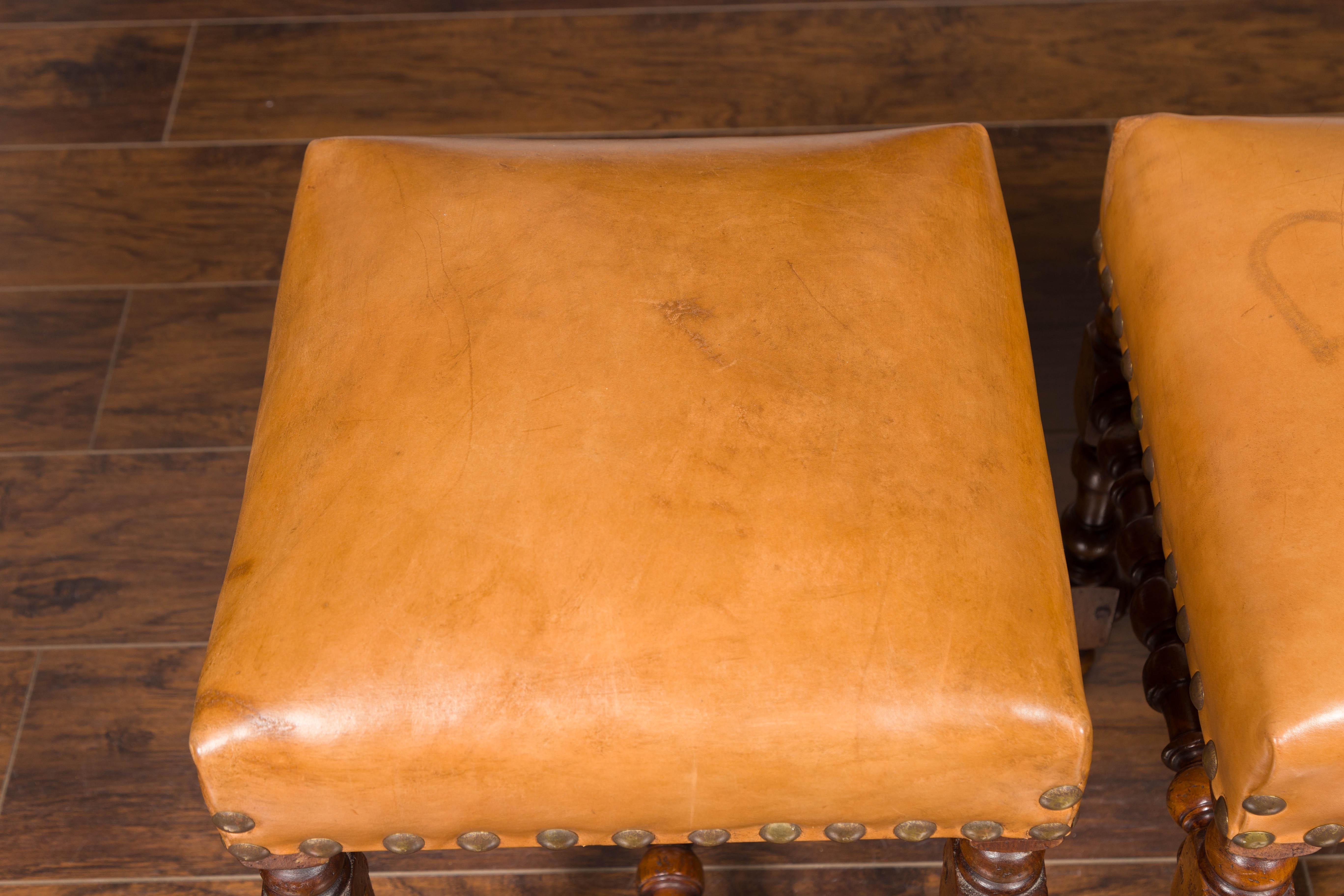 Pair of Italian 1850s Walnut Stools with Leather Top, Turned Legs and Stretcher 6