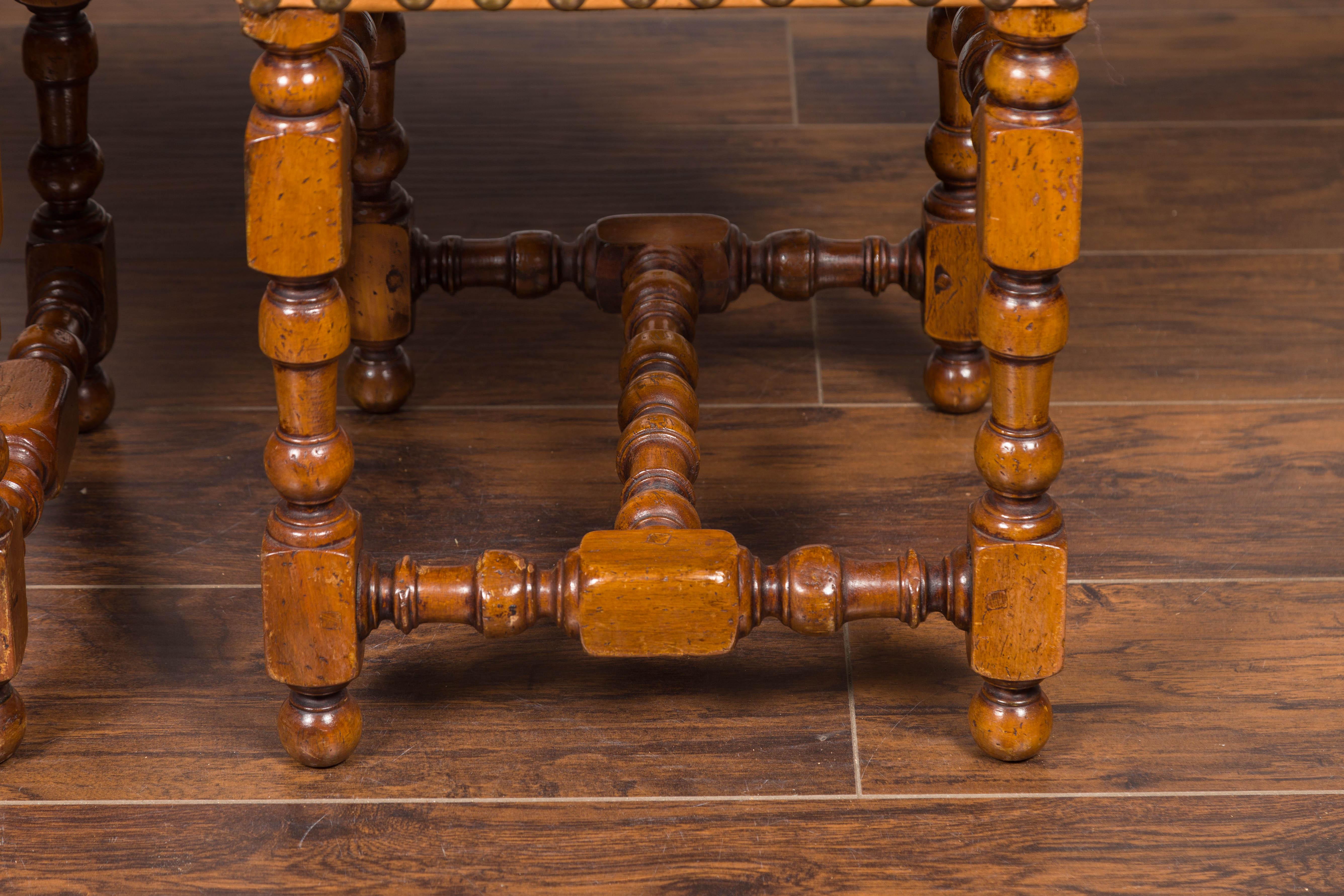 Pair of Italian 1850s Walnut Stools with Leather Top, Turned Legs and Stretcher 8