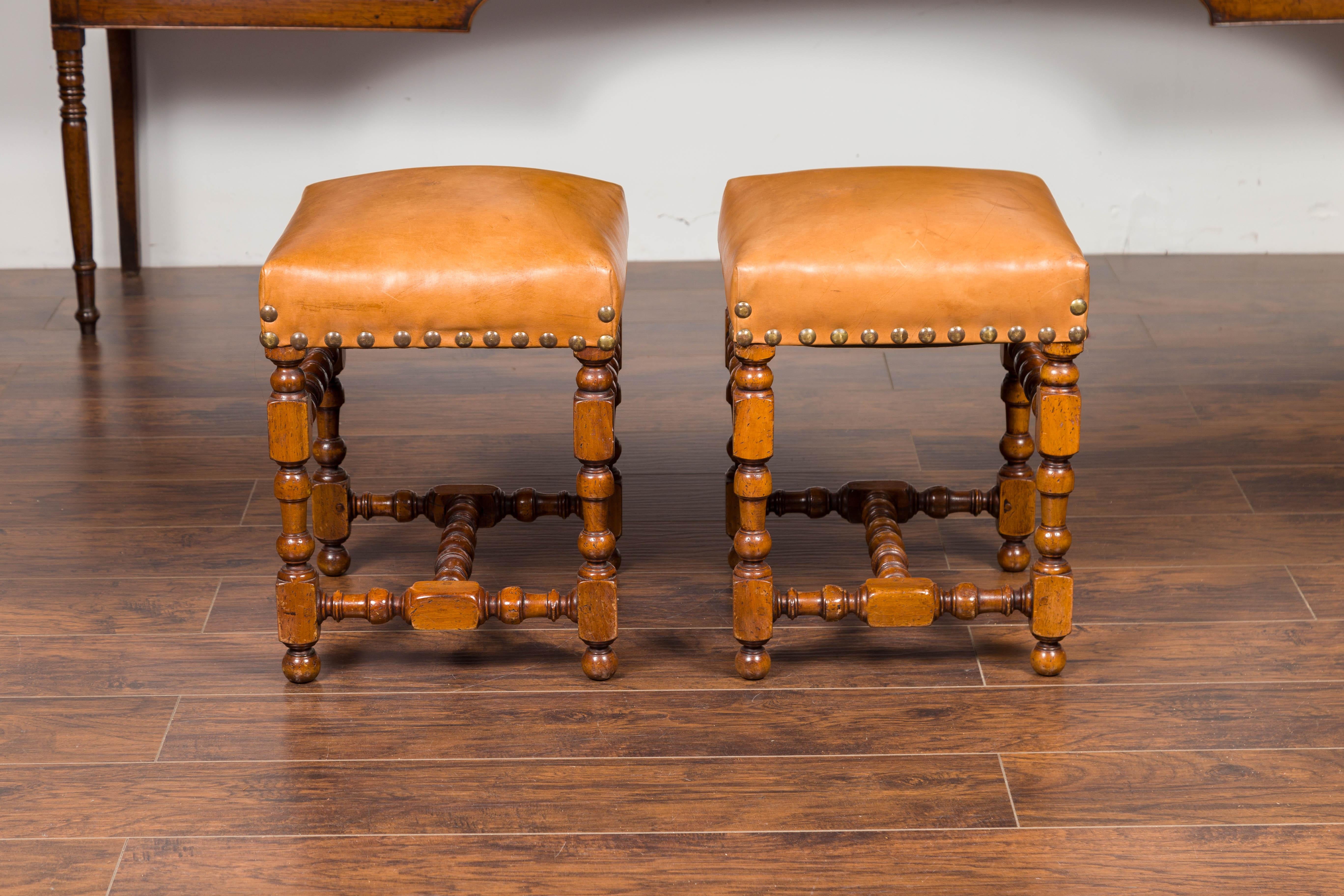 Pair of Italian 1850s Walnut Stools with Leather Top, Turned Legs and Stretcher 2