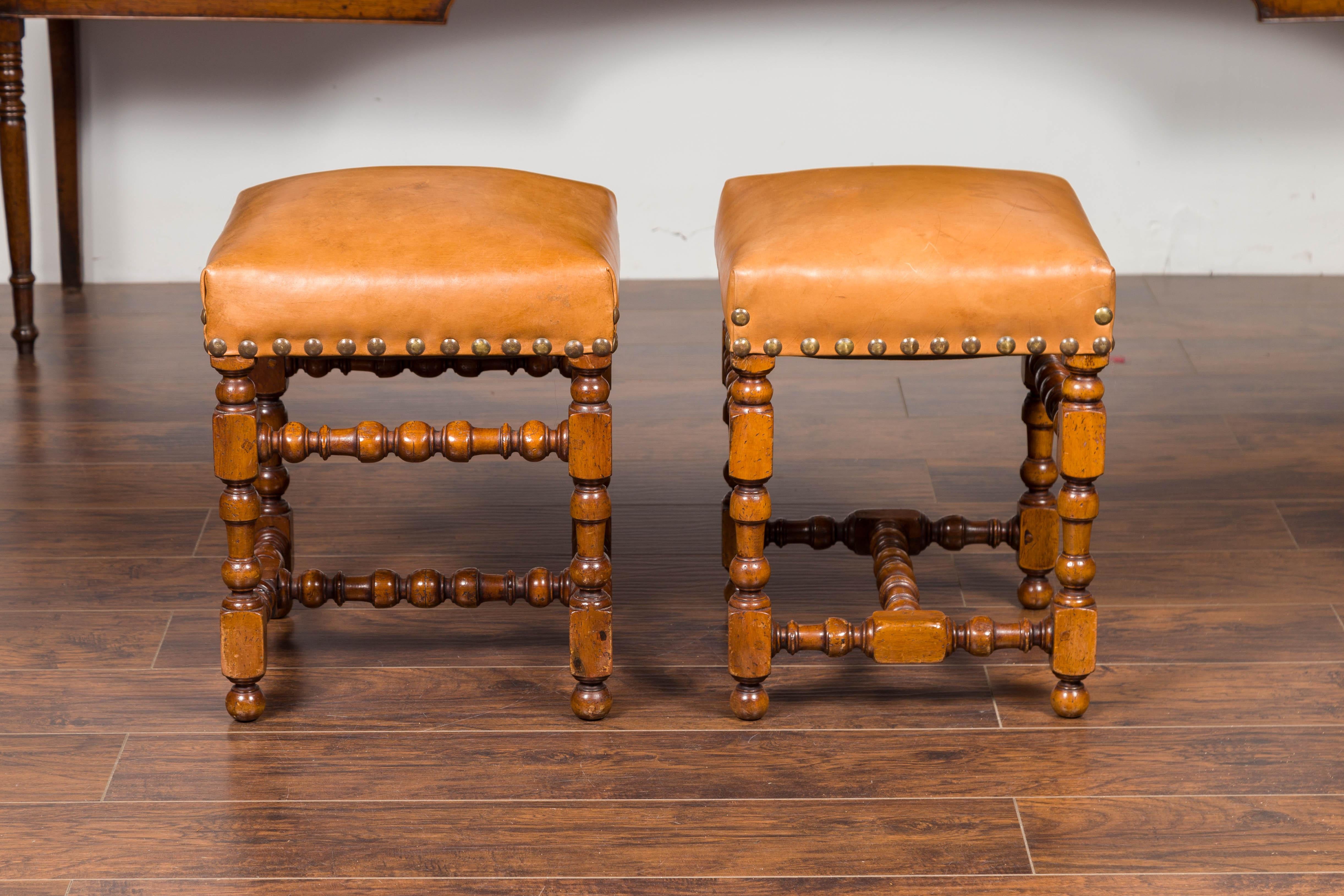 Pair of Italian 1850s Walnut Stools with Leather Top, Turned Legs and Stretcher 3