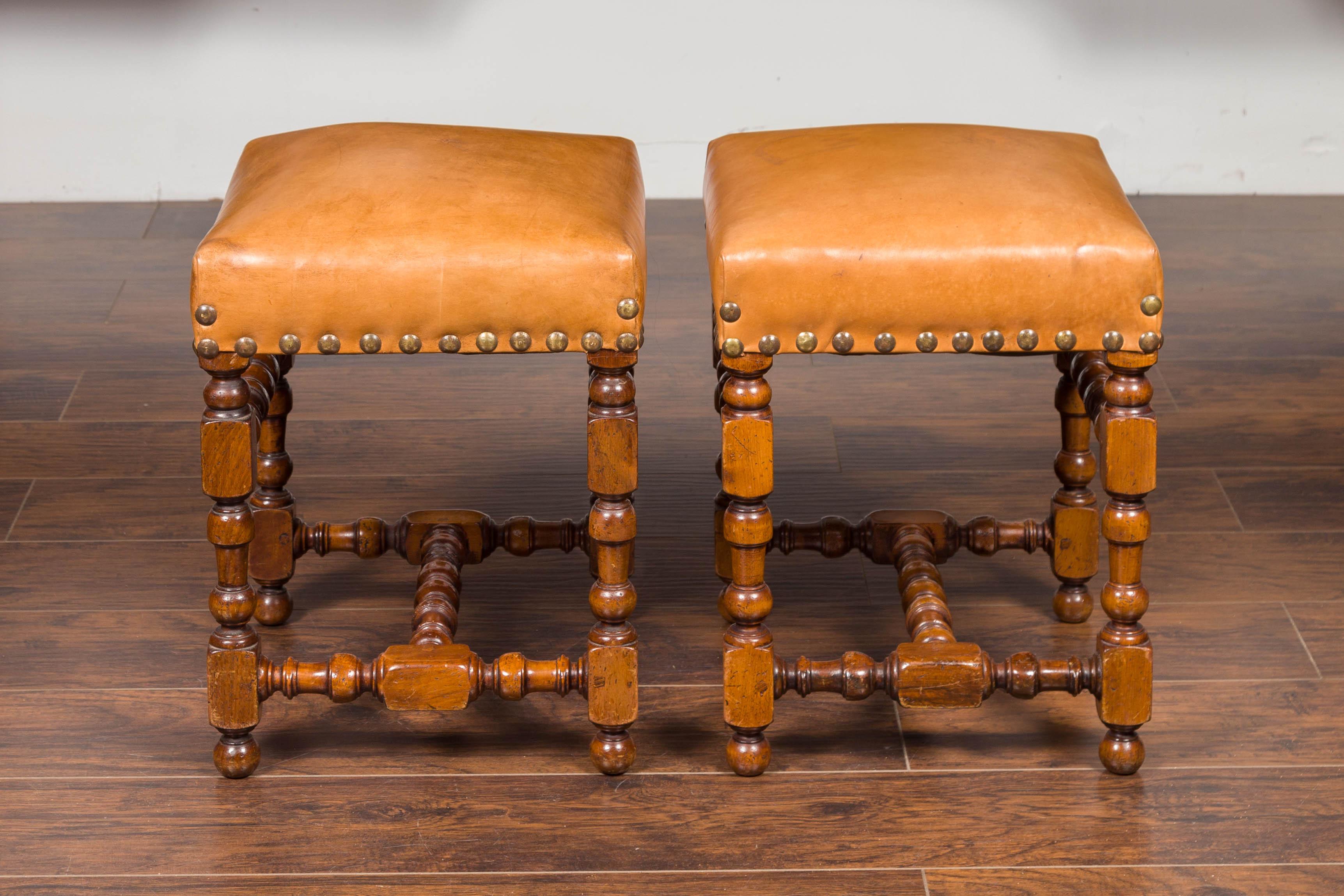 Pair of Italian 1850s Walnut Stools with Leather Top, Turned Legs and Stretcher 4