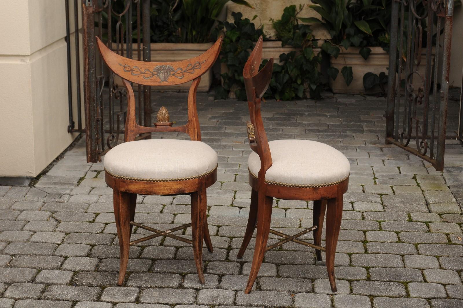 Pair of Italian 1860s Upholstered Side Chairs with Crescent Backs and Saber Legs 5