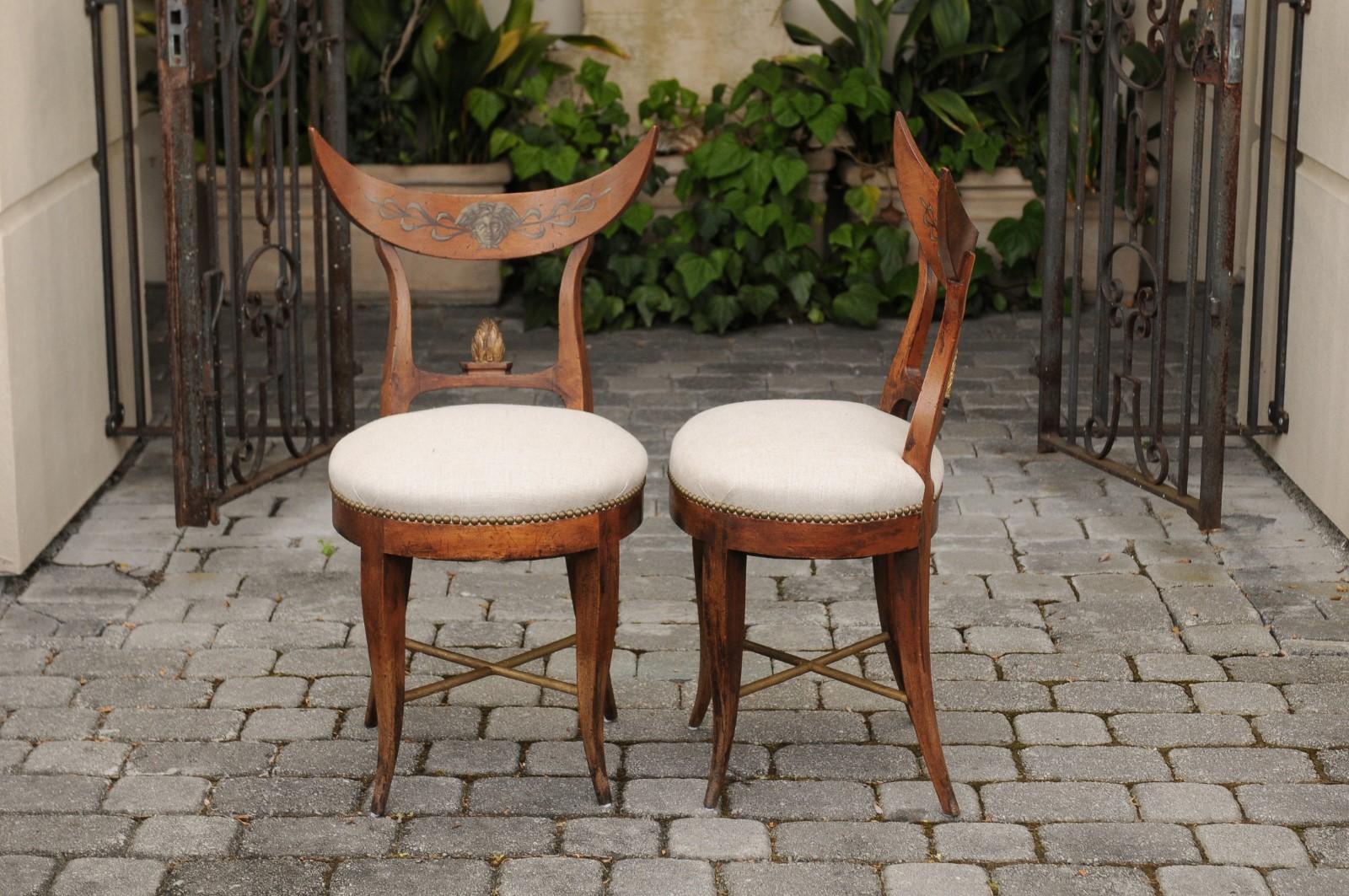 Pair of Italian 1860s Upholstered Side Chairs with Crescent Backs and Saber Legs In Good Condition For Sale In Atlanta, GA