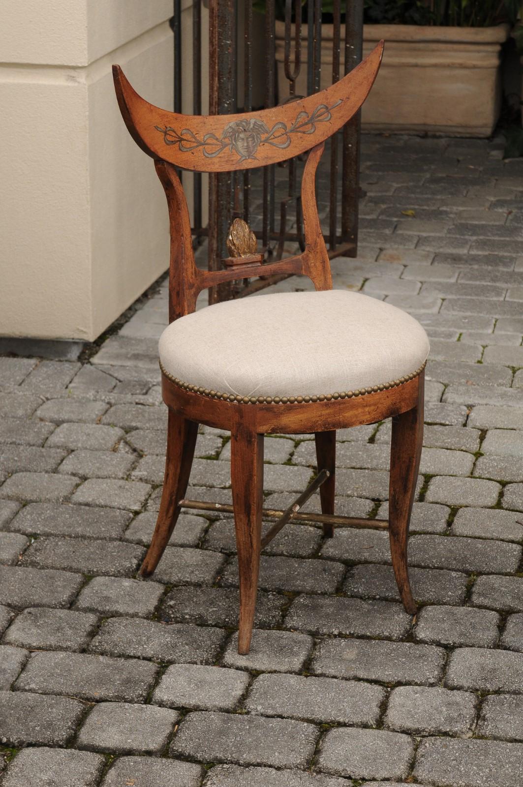 19th Century Pair of Italian 1860s Upholstered Side Chairs with Crescent Backs and Saber Legs