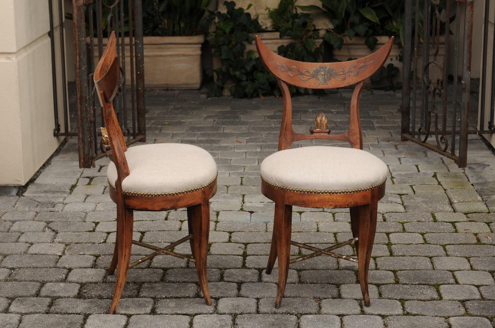 Pair of Italian 1860s Upholstered Side Chairs with Crescent Backs and Saber Legs 2