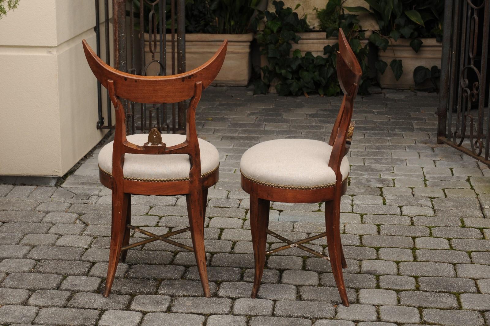 Pair of Italian 1860s Upholstered Side Chairs with Crescent Backs and Saber Legs 3