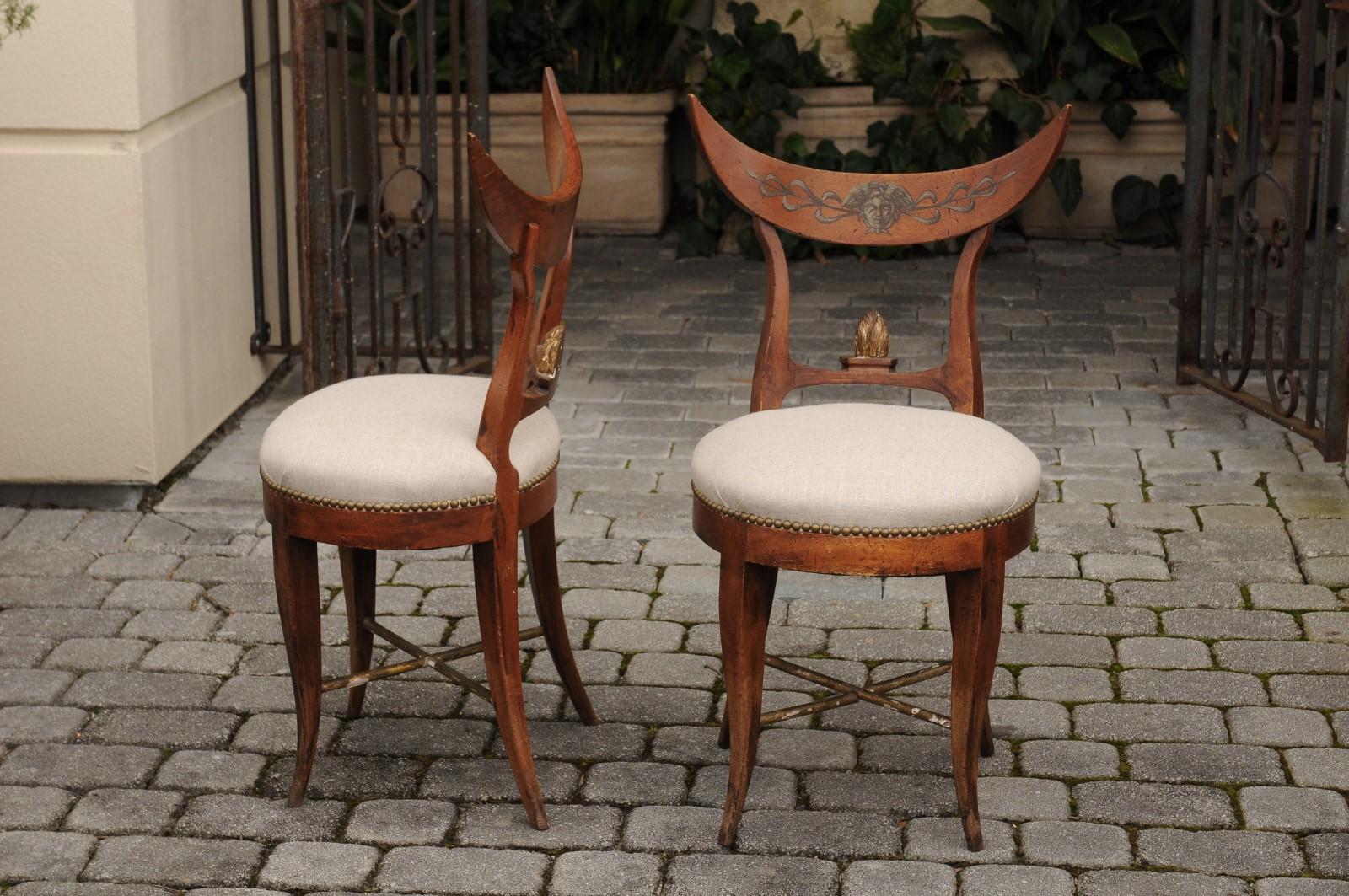 Pair of Italian 1860s Upholstered Side Chairs with Crescent Backs and Saber Legs 4