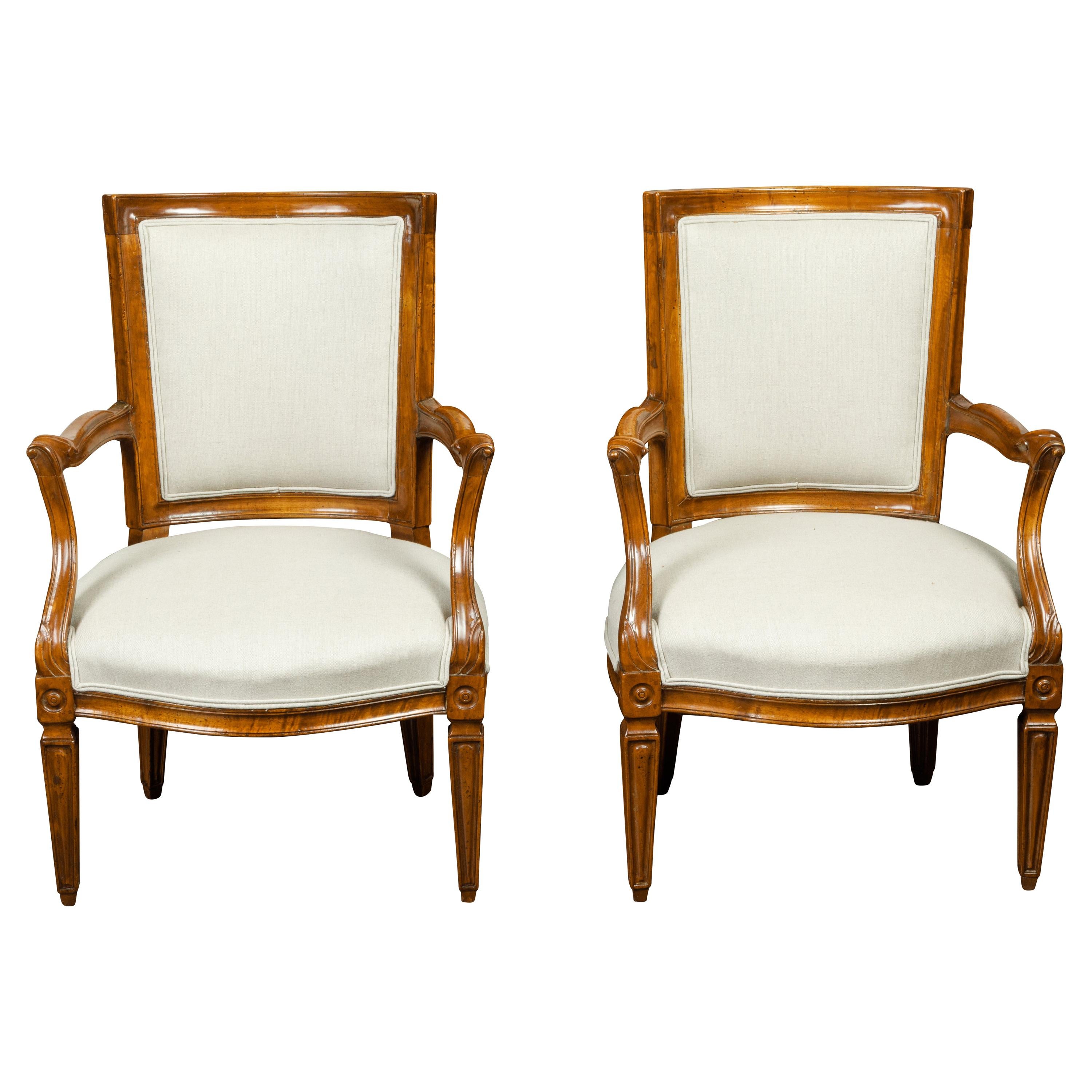 Pair of Italian 1860s Walnut Armchairs with Tapered Legs and New Upholstery