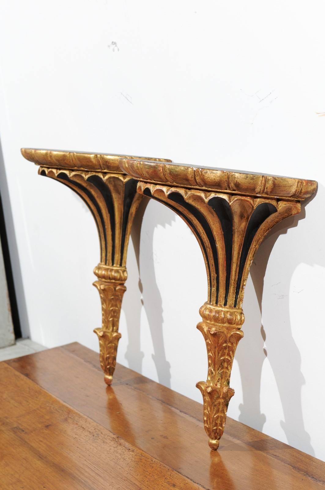 Wood Pair of Italian 1870s Carved Wall Brackets with Gold and Black Painted Accents