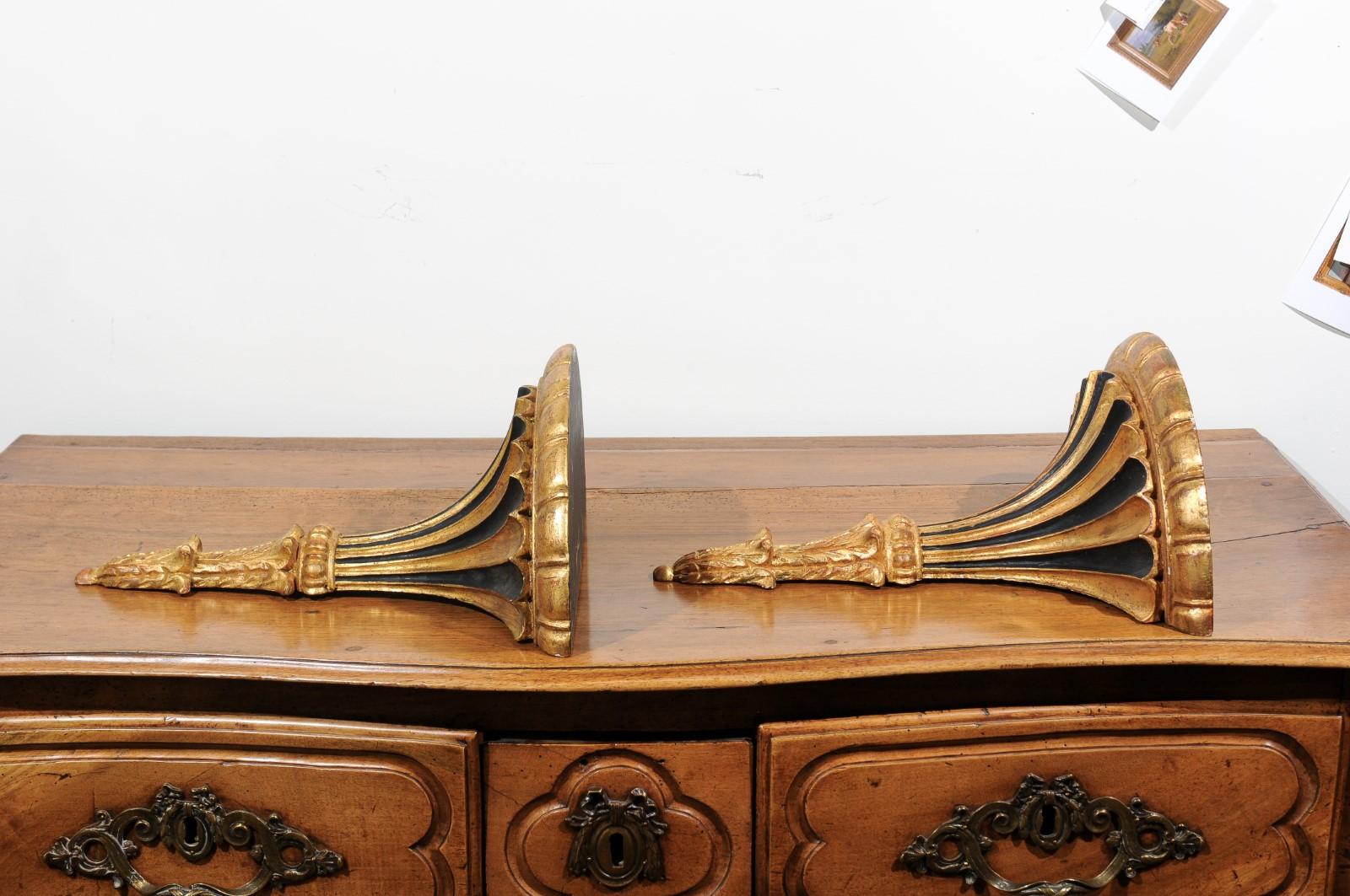 Pair of Italian 1870s Carved Wall Brackets with Gold and Black Painted Accents 4