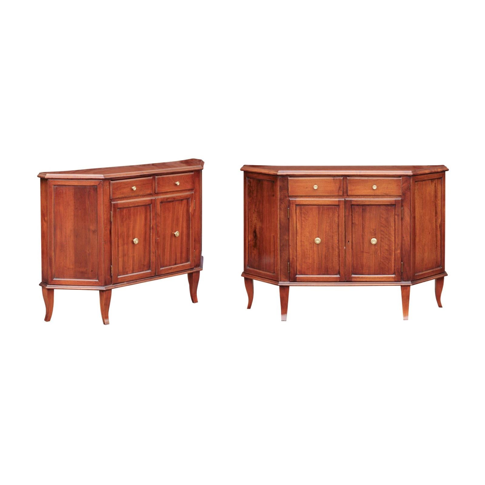 Pair of Italian 1875 Walnut Credenzas with Canted Sides, Drawers and Doors