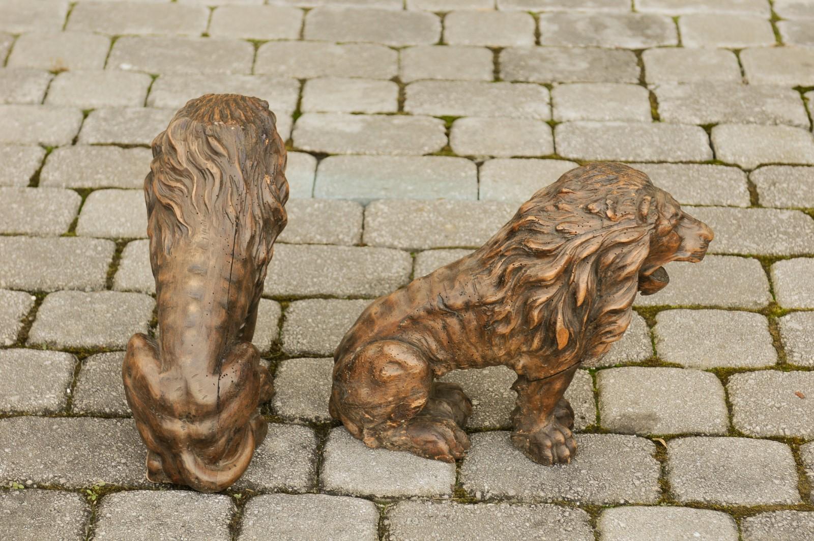 19th Century Pair of Italian 1880s Small Walnut Hand Carved Lion Sculptures with Dark Patina For Sale