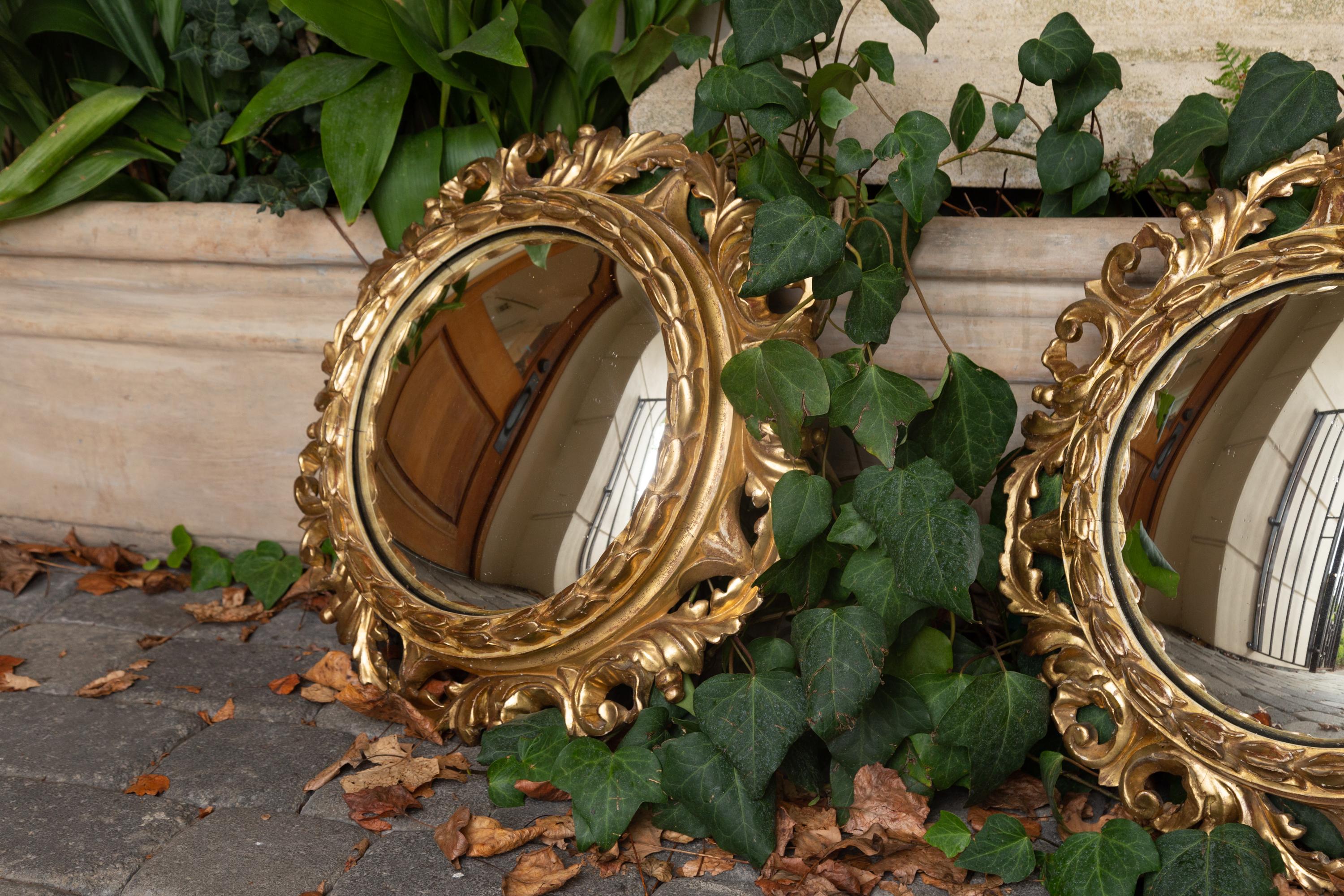 italien Paire de miroirs circulaires convexes en bois doré de l'Italie des années 1890 avec motifs de feuillage en vente