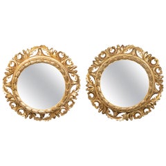 Used Pair of Italian 1890s Giltwood Circular Convex Mirrors with Foliage Motifs
