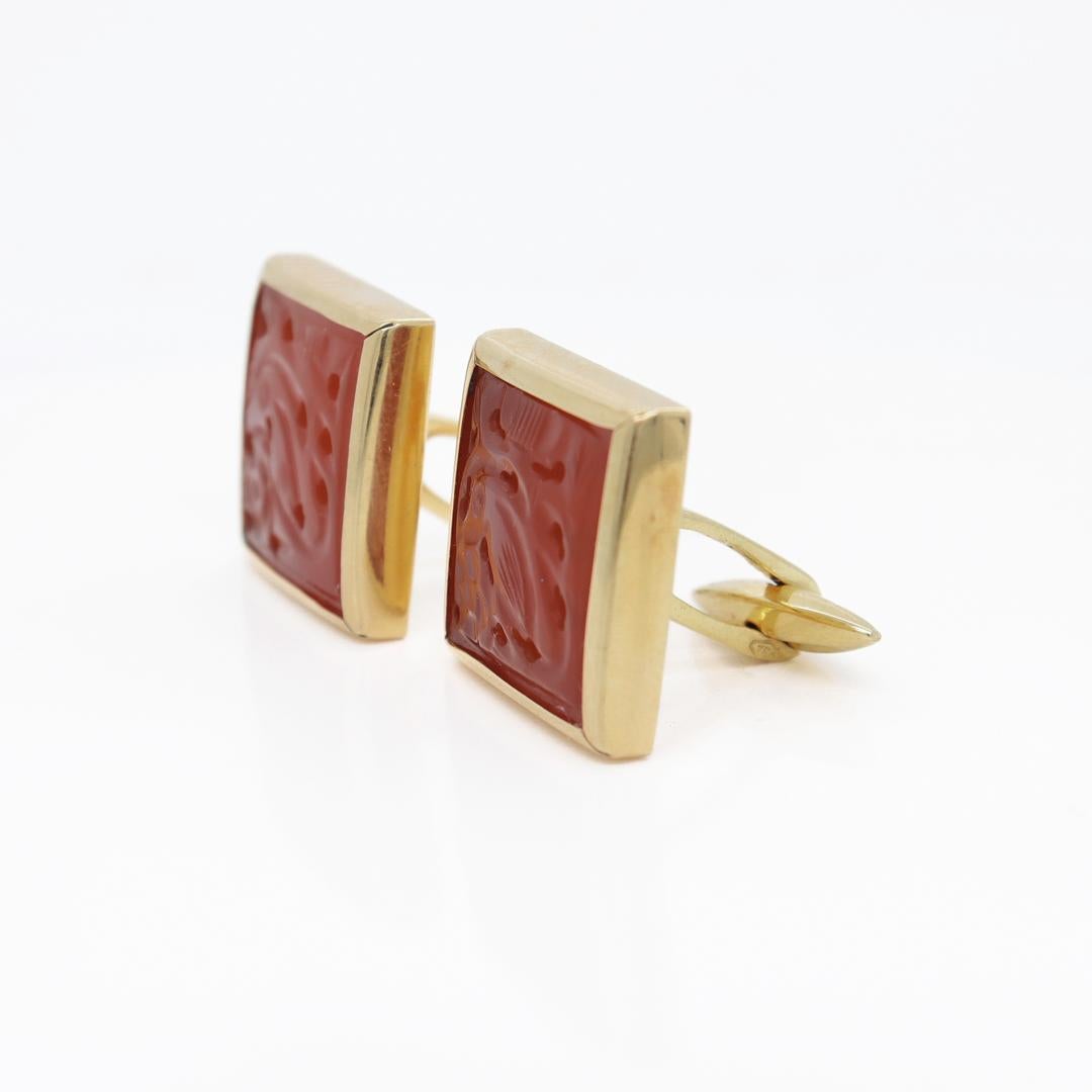 Cabochon Pair of Italian 18k Gold & Carved Carnelian Cufflinks For Sale