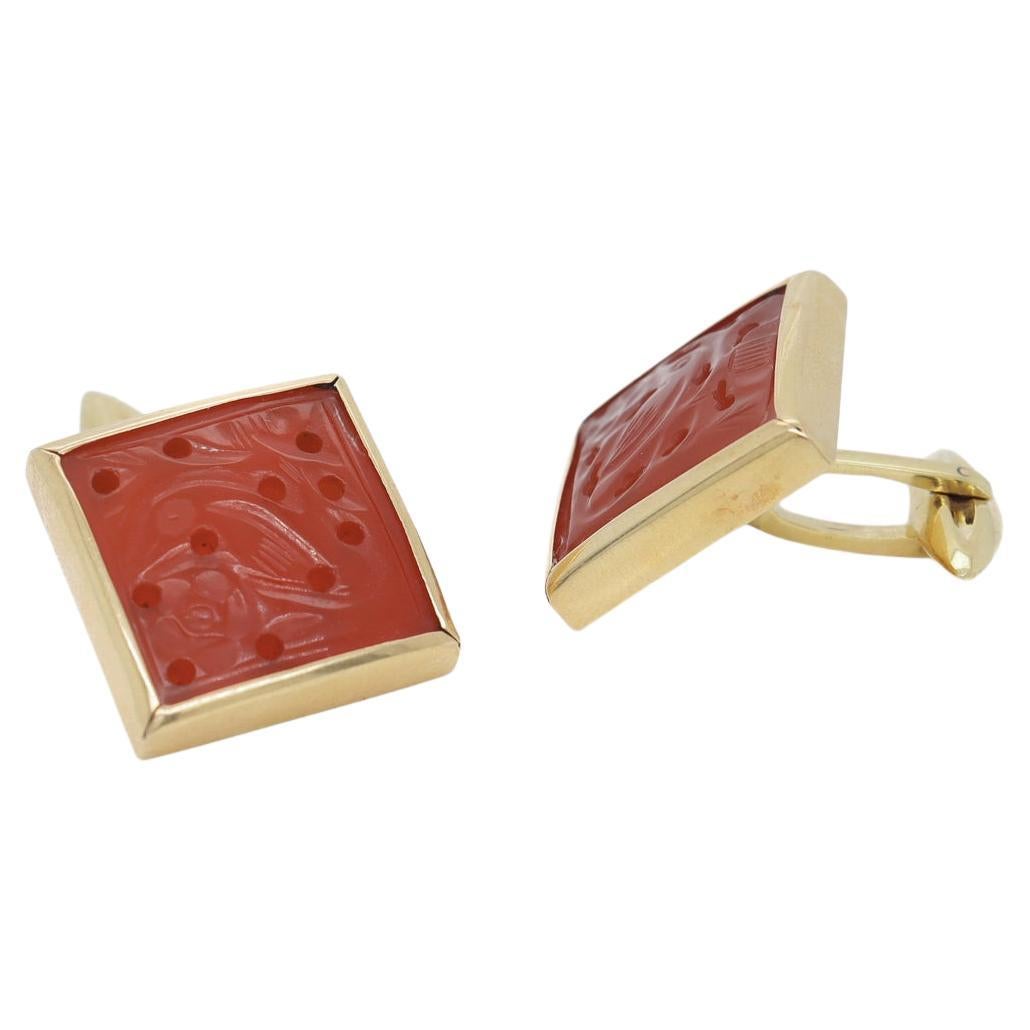 Pair of Italian 18k Gold & Carved Carnelian Cufflinks For Sale