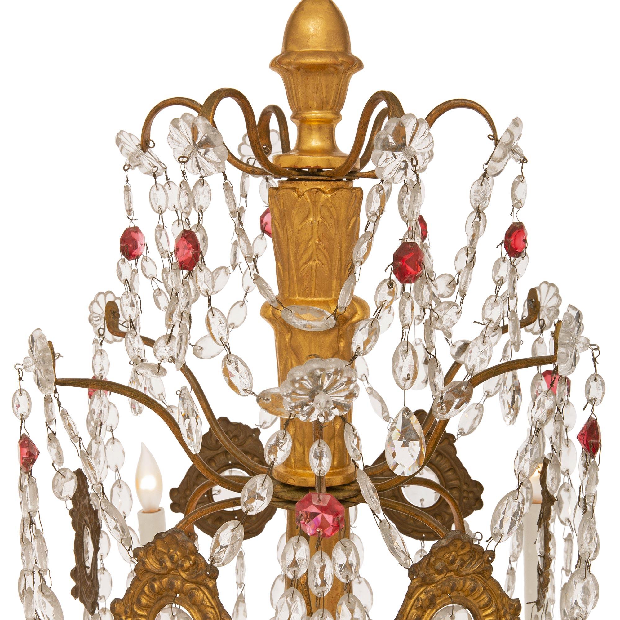 Pair Of Italian 18th c. Genovese St. Giltwood, Glass, Iron & Crystal Chandeliers In Good Condition For Sale In West Palm Beach, FL