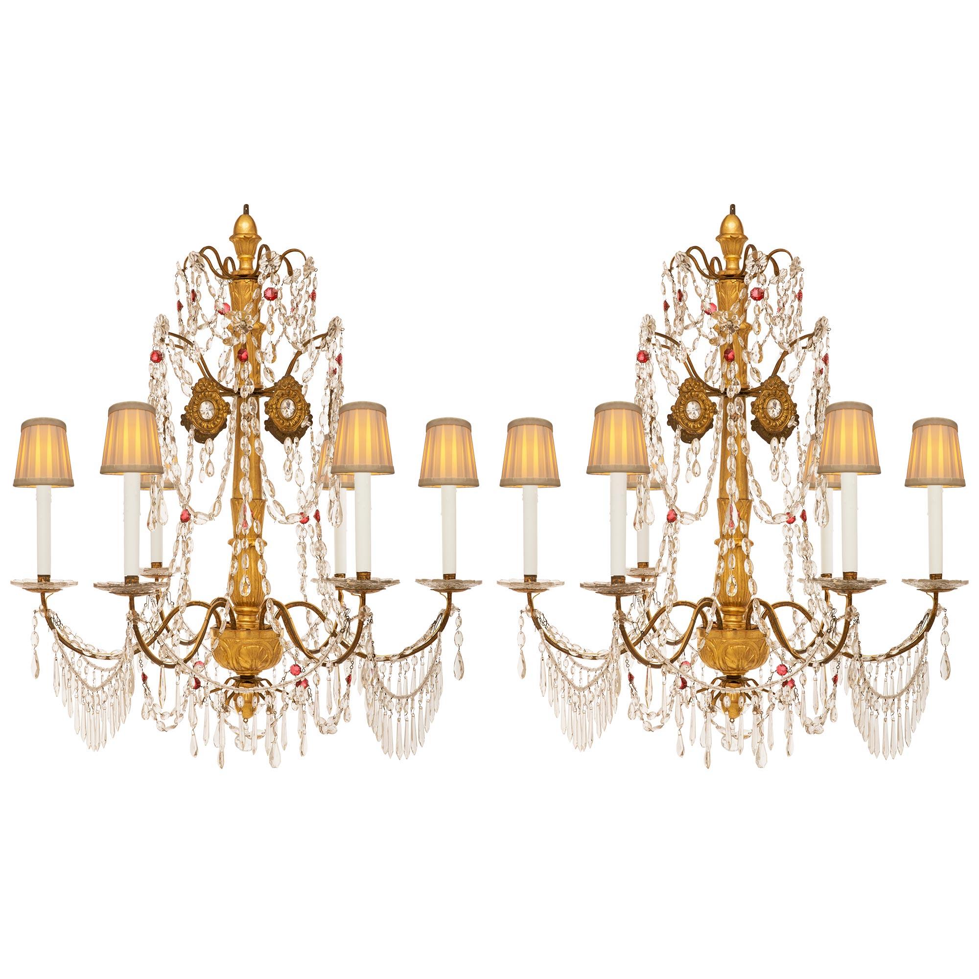 Pair Of Italian 18th c. Genovese St. Giltwood, Glass, Iron & Crystal Chandeliers For Sale
