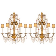 Antique Pair Of Italian 18th c. Genovese St. Giltwood, Glass, Iron & Crystal Chandeliers