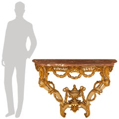Pair Of Italian 18th c. Louis XV St. Patinated, Giltwood And Marble Consoles