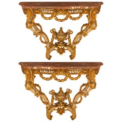 Pair Of Italian 18th c. Louis XV St. Patinated, Giltwood And Marble Consoles