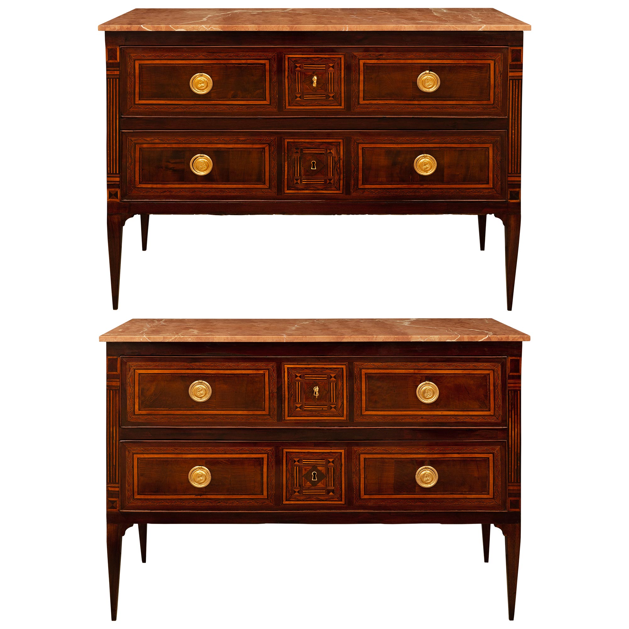 Pair Of Italian 18th c. Louis XVI Period Mahogany, Marble, & Ormolu Commodes For Sale