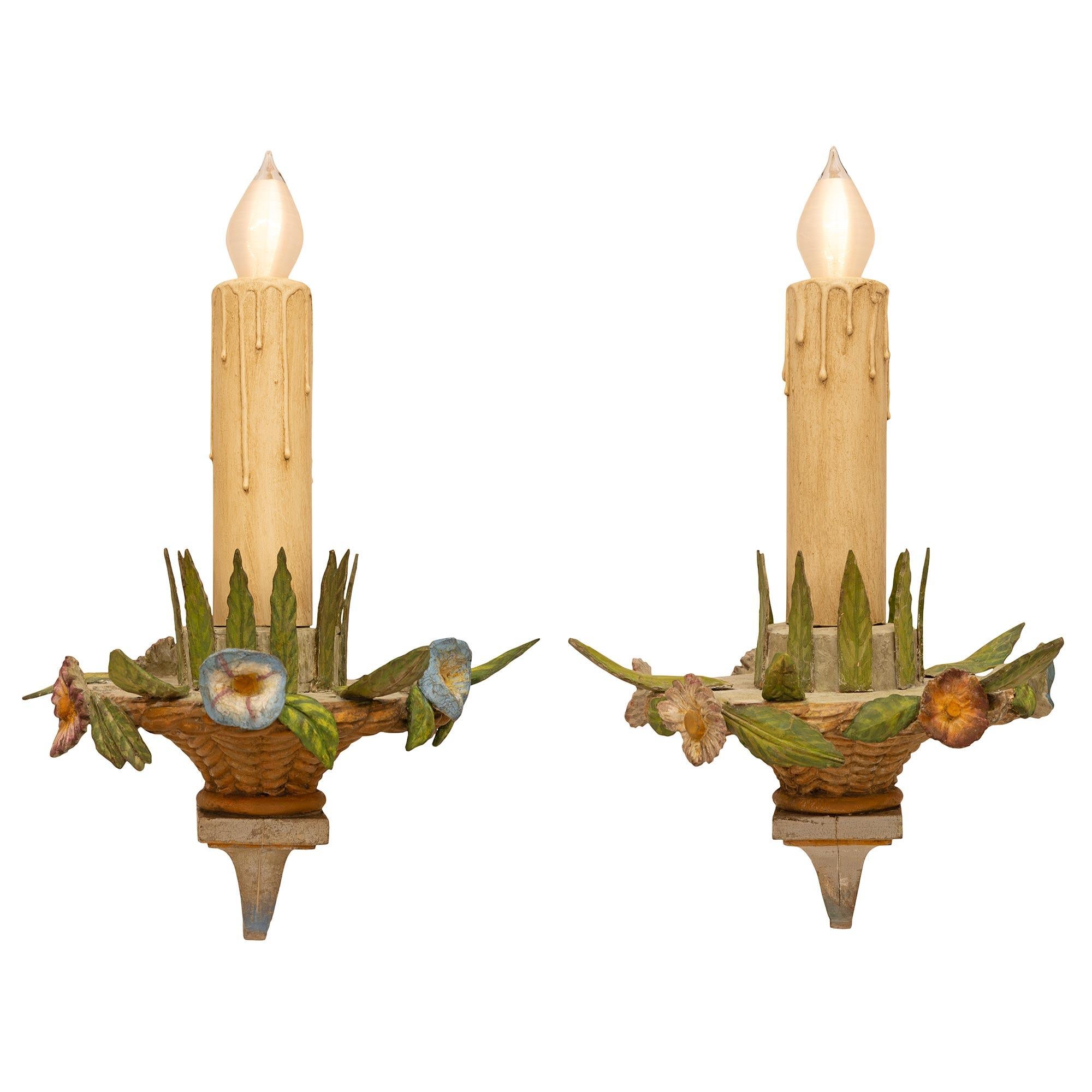 Pair Of Italian 18th c. Louis XVI St. Wrought Iron & Patinated Wood Sconces For Sale 5