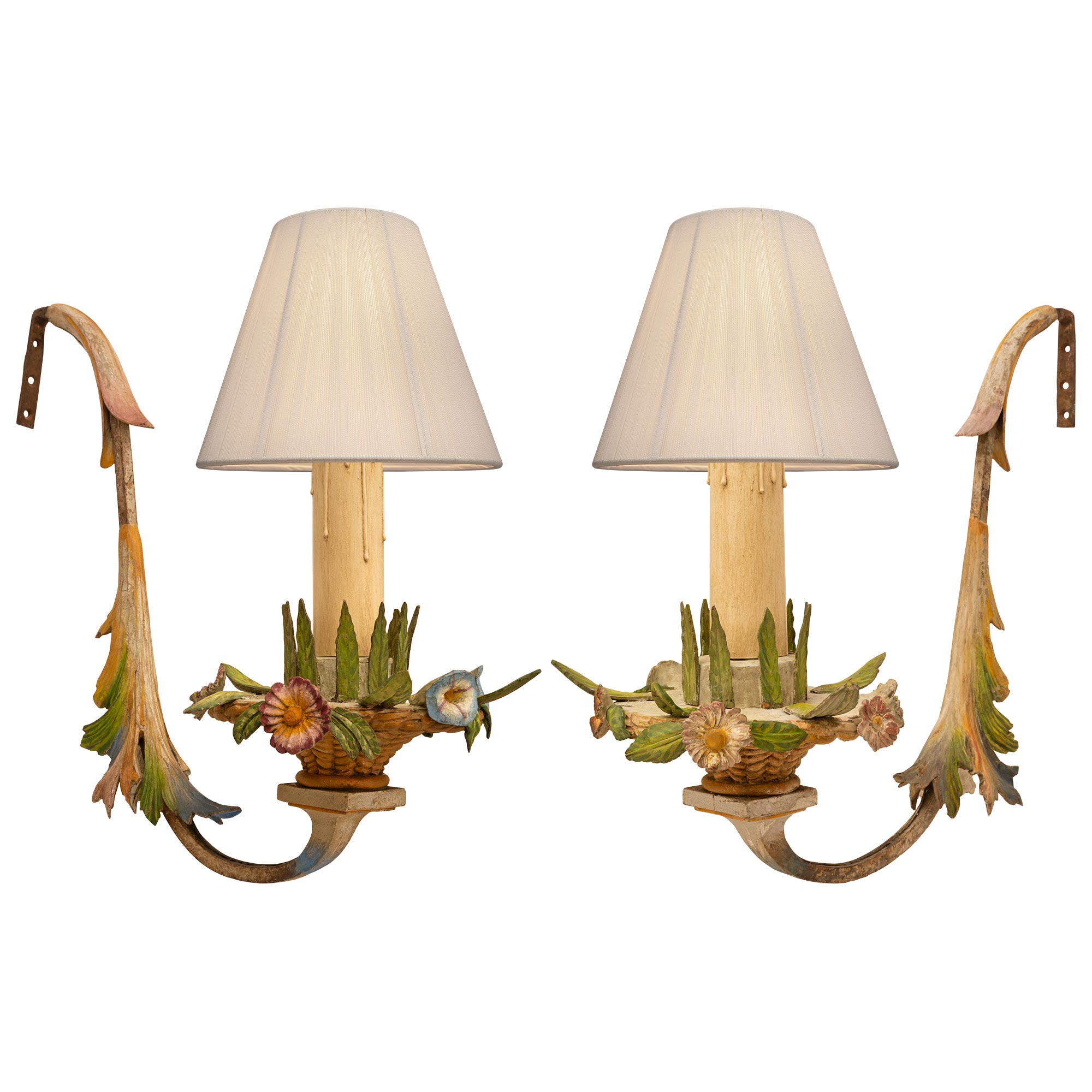 Pair Of Italian 18th c. Louis XVI St. Wrought Iron & Patinated Wood Sconces