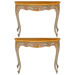 Antique  Pair Of Italian 18th c. Venetian St. Giltwood, Patinated Wood & Marble Consoles