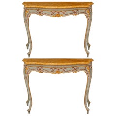 Antique Pair Of Italian 18th c. Venetian St. Giltwood, Patinated Wood & Marble Consoles