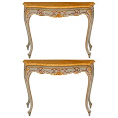  Pair Of Italian 18th c. Venetian St. Giltwood, Patinated Wood & Marble Consoles