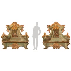 Pair of Italian 18th Century Baroque Cassapanca Polychrome Benches