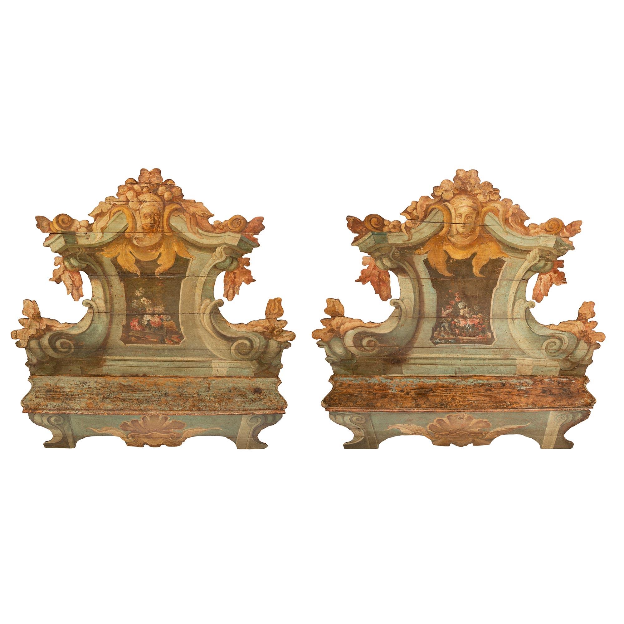Patinated Pair of Italian 18th Century Baroque Cassapanca Polychrome Benches For Sale