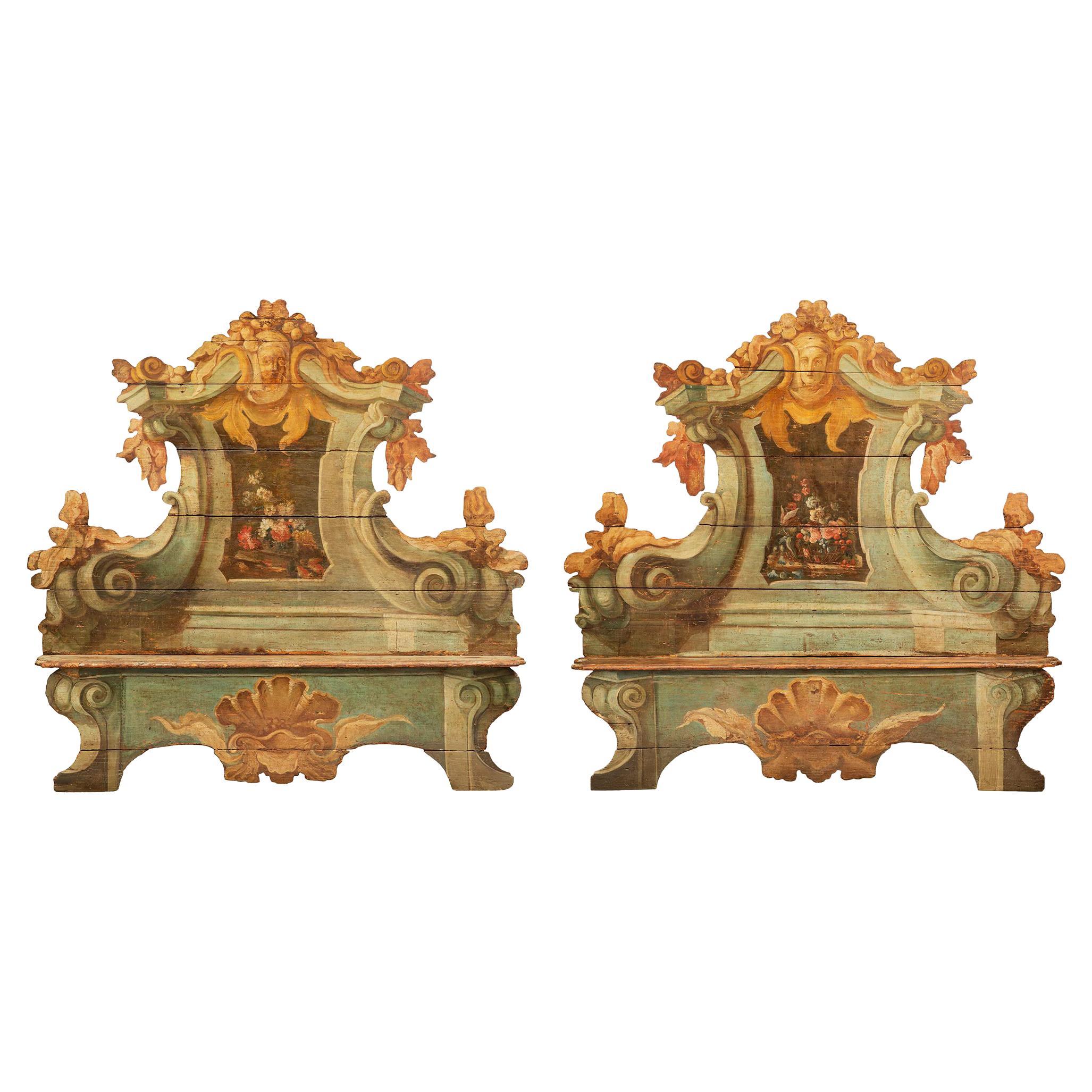 Pair of Italian 18th Century Baroque Cassapanca Polychrome Benches