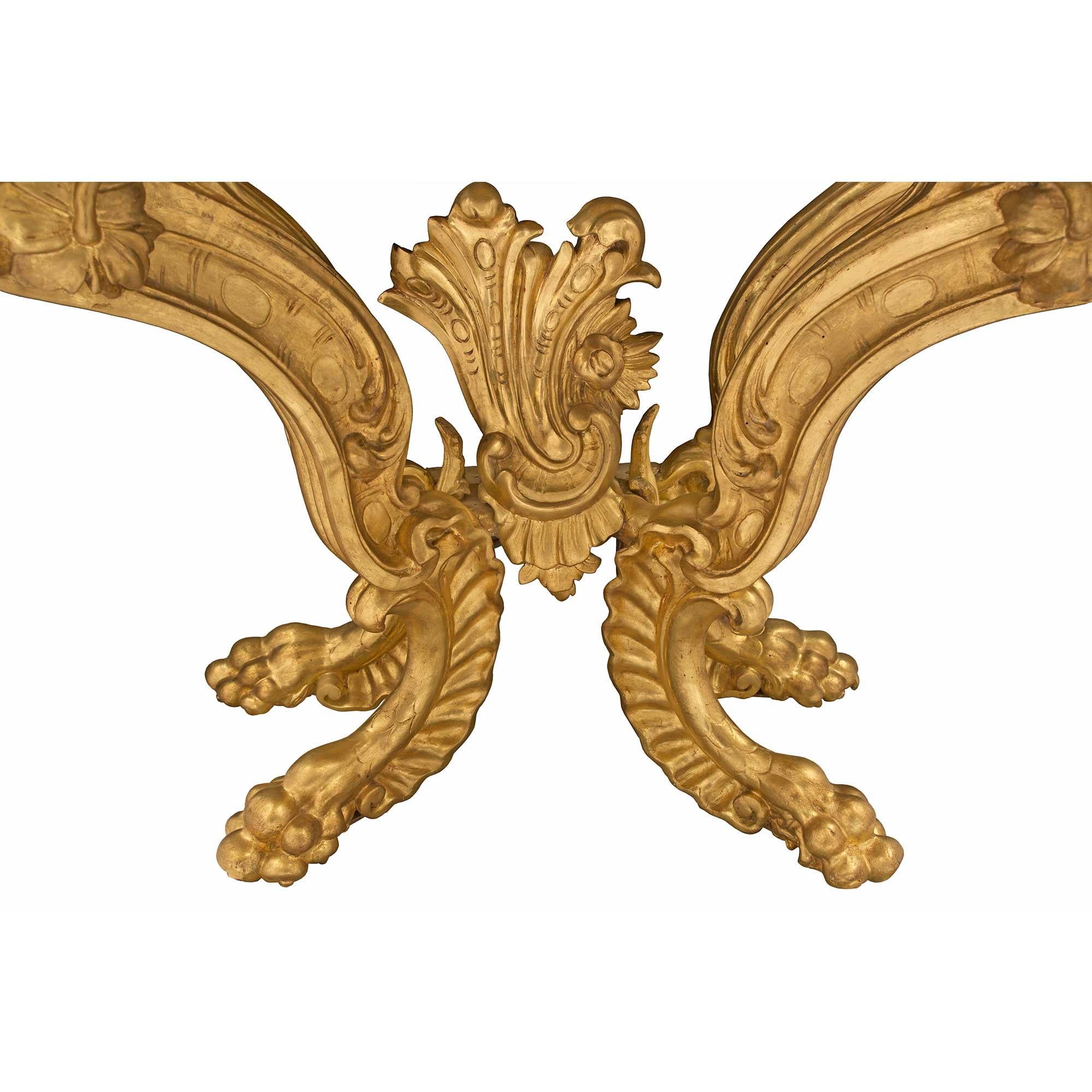 Pair of Italian 18th Century Baroque Giltwood and Marble Four Legged ...