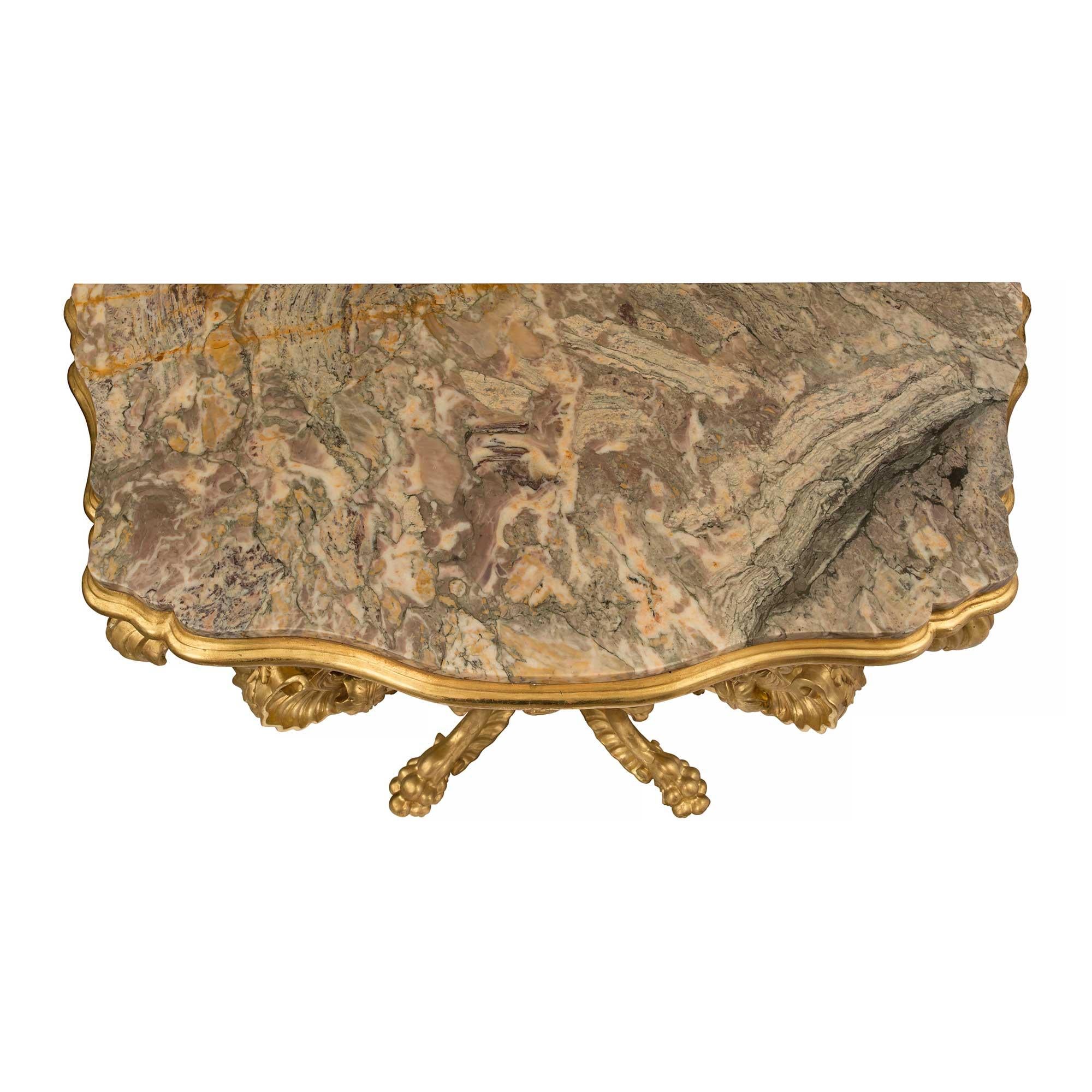 Pair of Italian 18th Century Baroque Giltwood and Marble Four Legged Consoles In Good Condition For Sale In West Palm Beach, FL