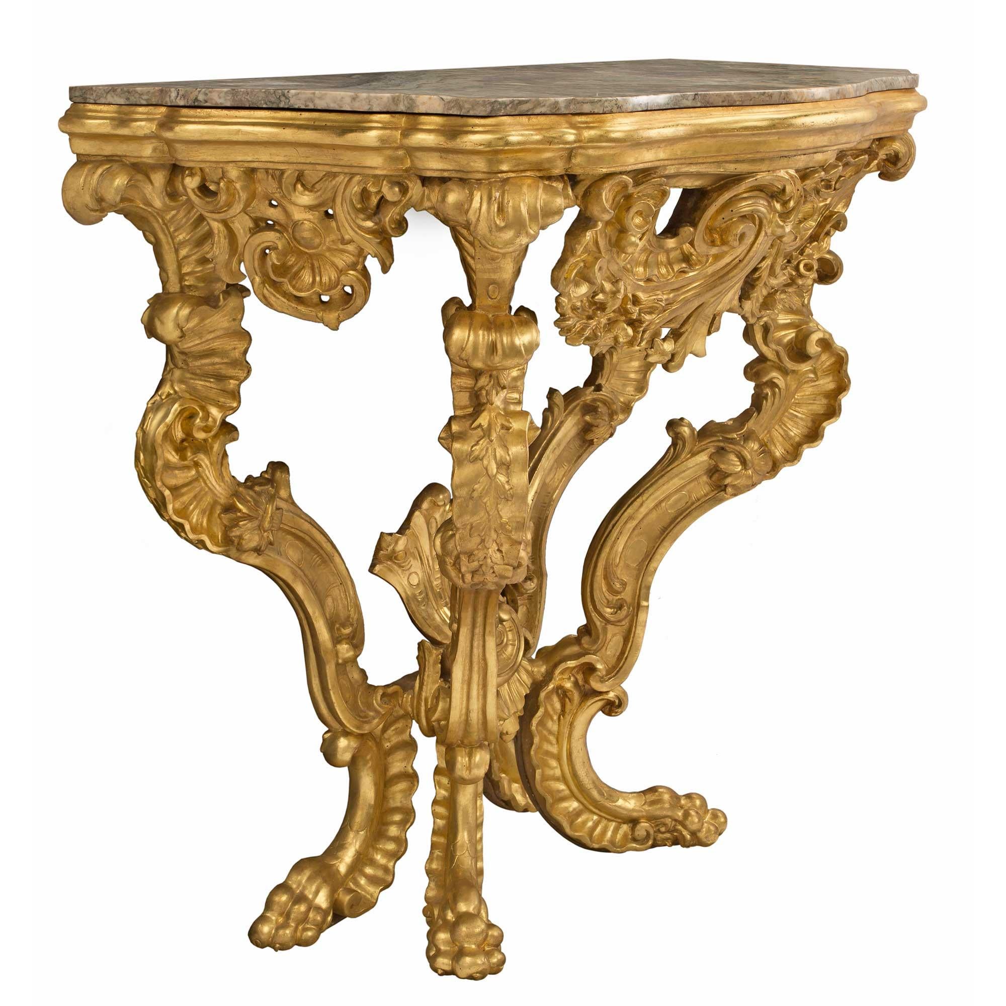 Pair of Italian 18th Century Baroque Giltwood and Marble Four Legged Consoles For Sale 1