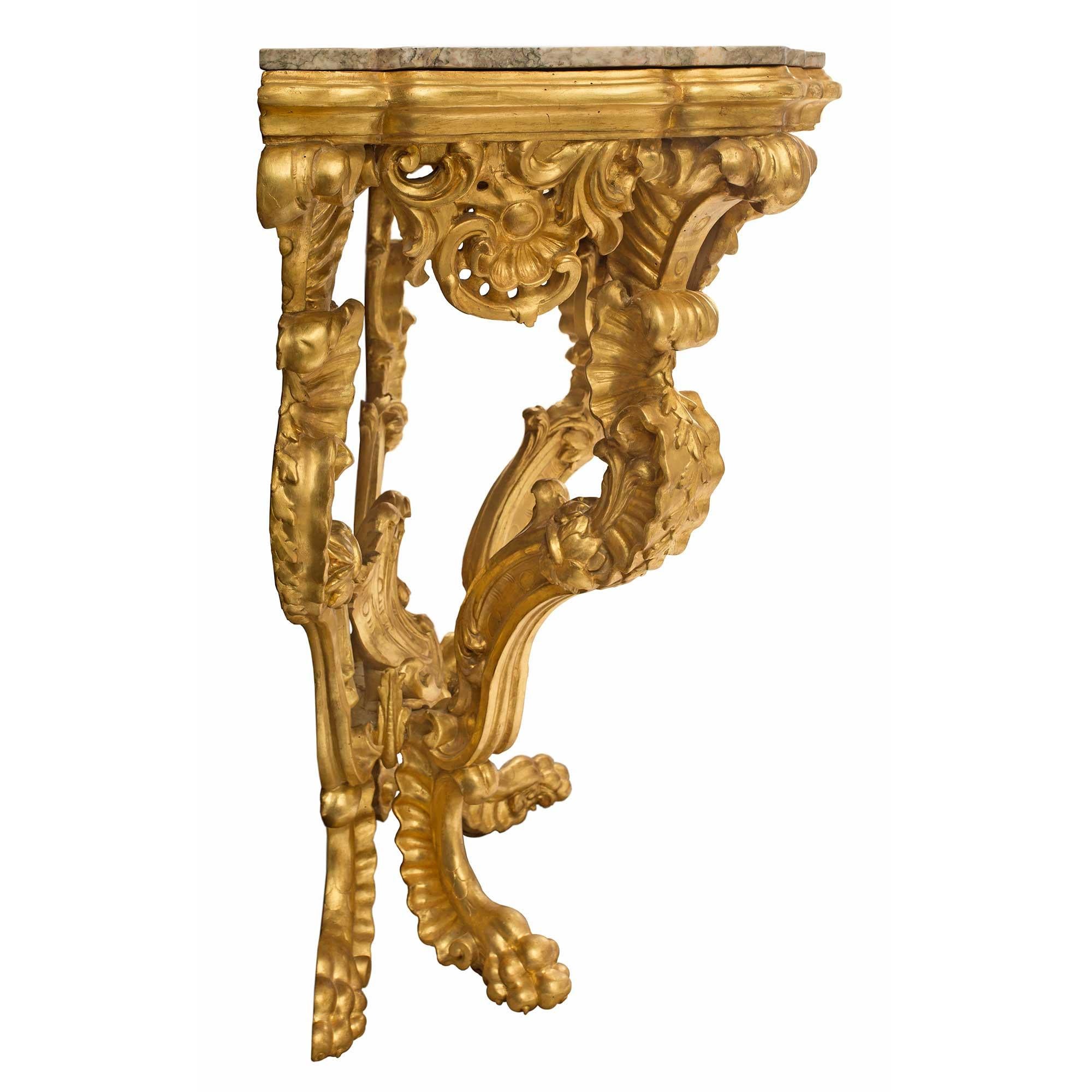 Pair of Italian 18th Century Baroque Giltwood and Marble Four Legged Consoles For Sale 2