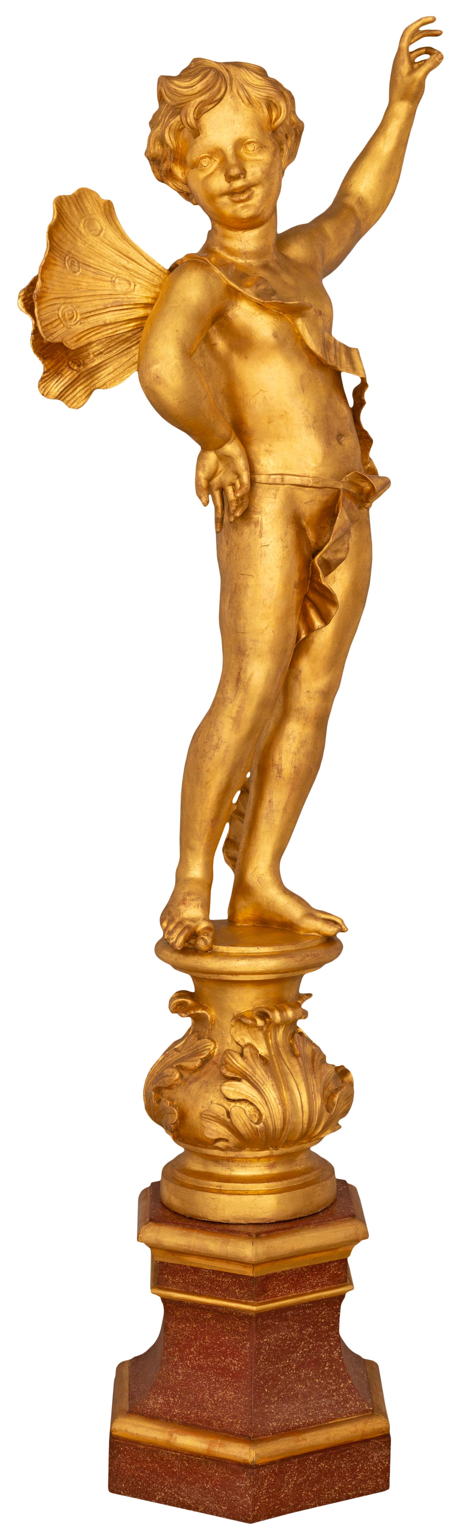 Barocco Coppia di statue barocche italiane del XVIII secolo in marmo finto dipinto e legno dorato in vendita