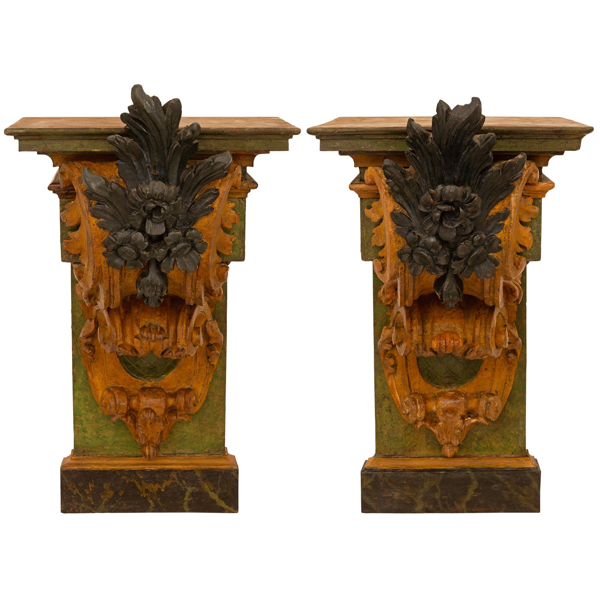 Pair Of Italian 18th Century Baroque St. Patinated Wood &Giltwood Wall Brackets For Sale 5