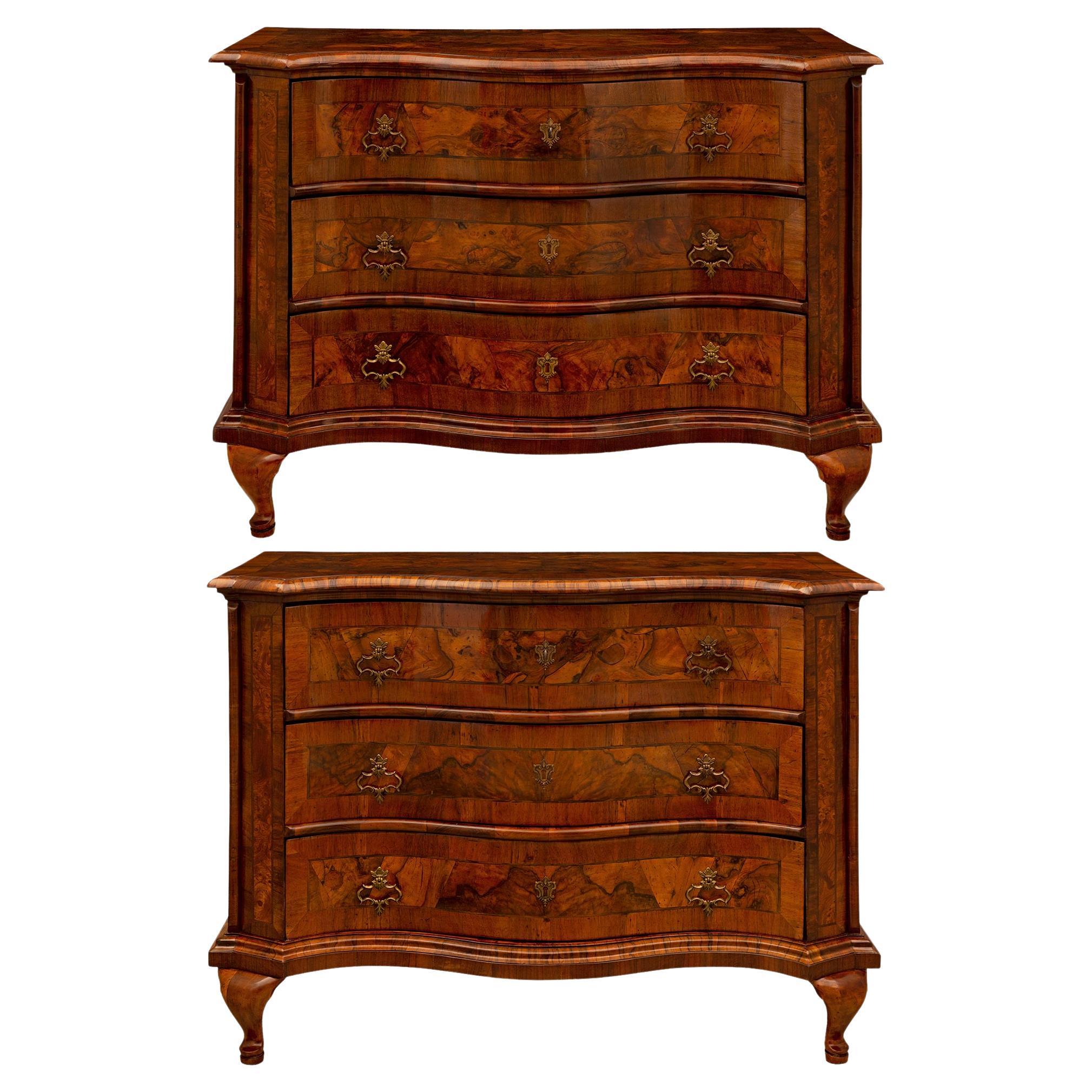 Pair of Italian 18th Century Baroque St. Walnut, Burl Walnut and Bronze Commodes For Sale