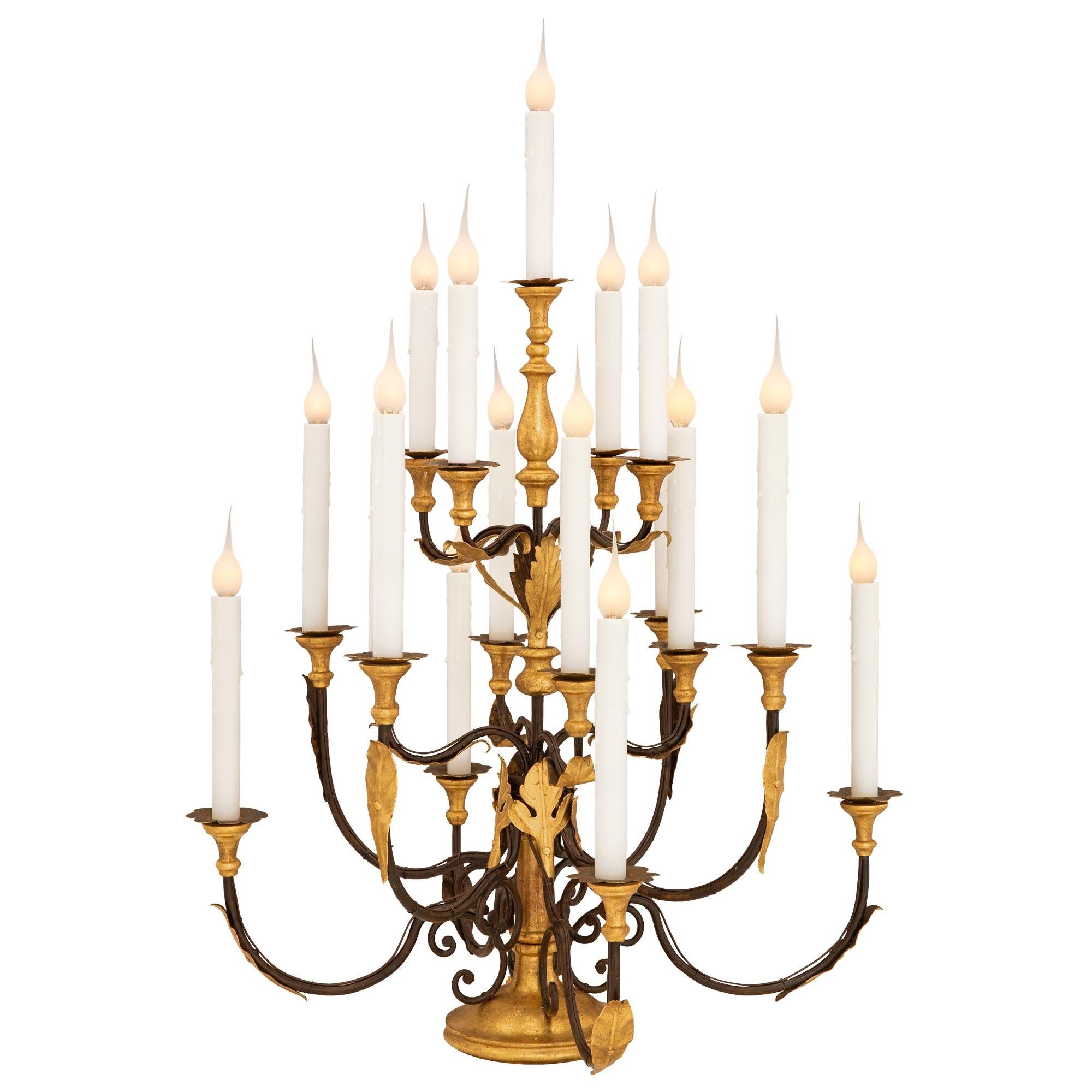 Gilt Pair of Italian 18th Century Baroque St. Wrought Iron Candelabra Lamps For Sale