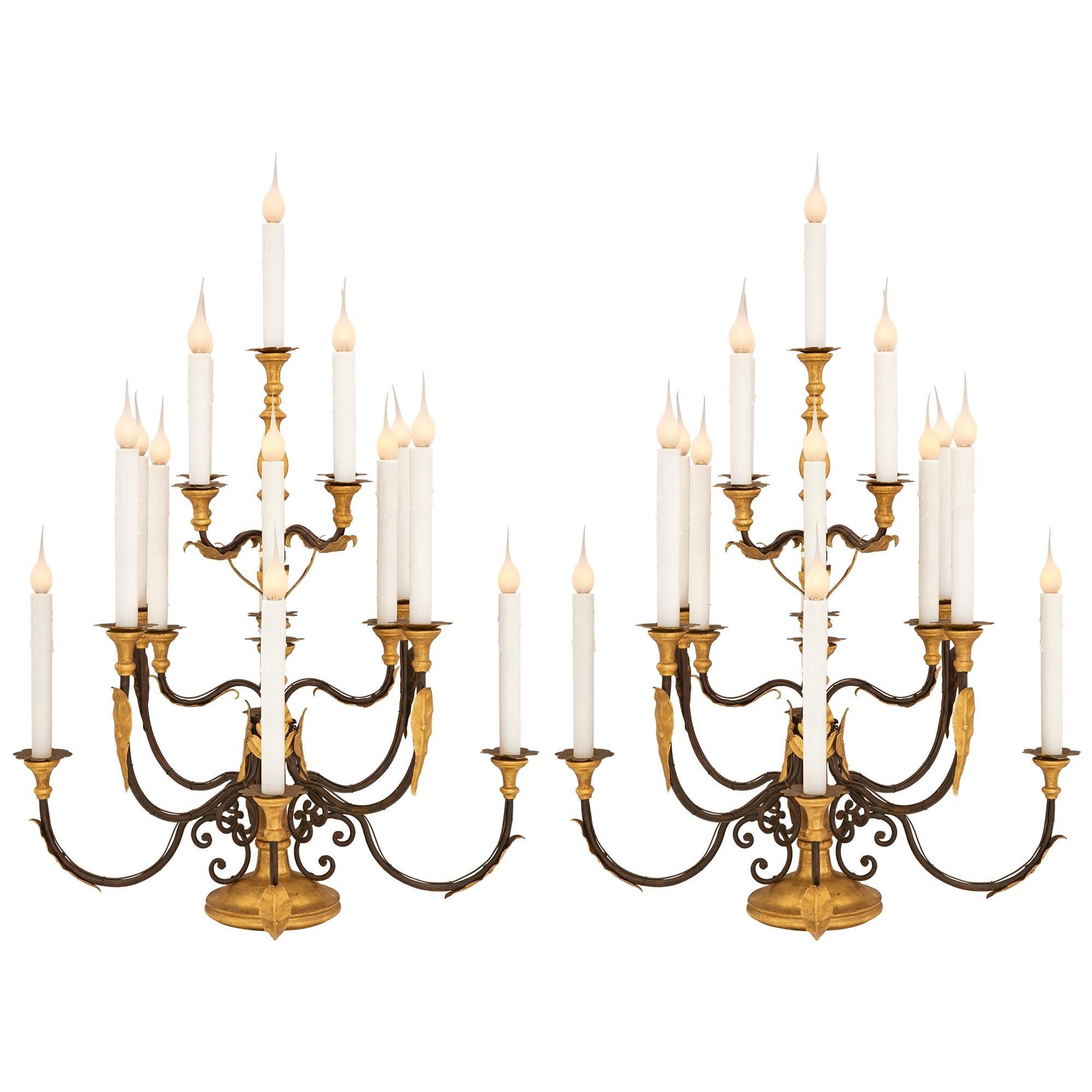 Pair of Italian 18th Century Baroque St. Wrought Iron Candelabra Lamps For Sale 2