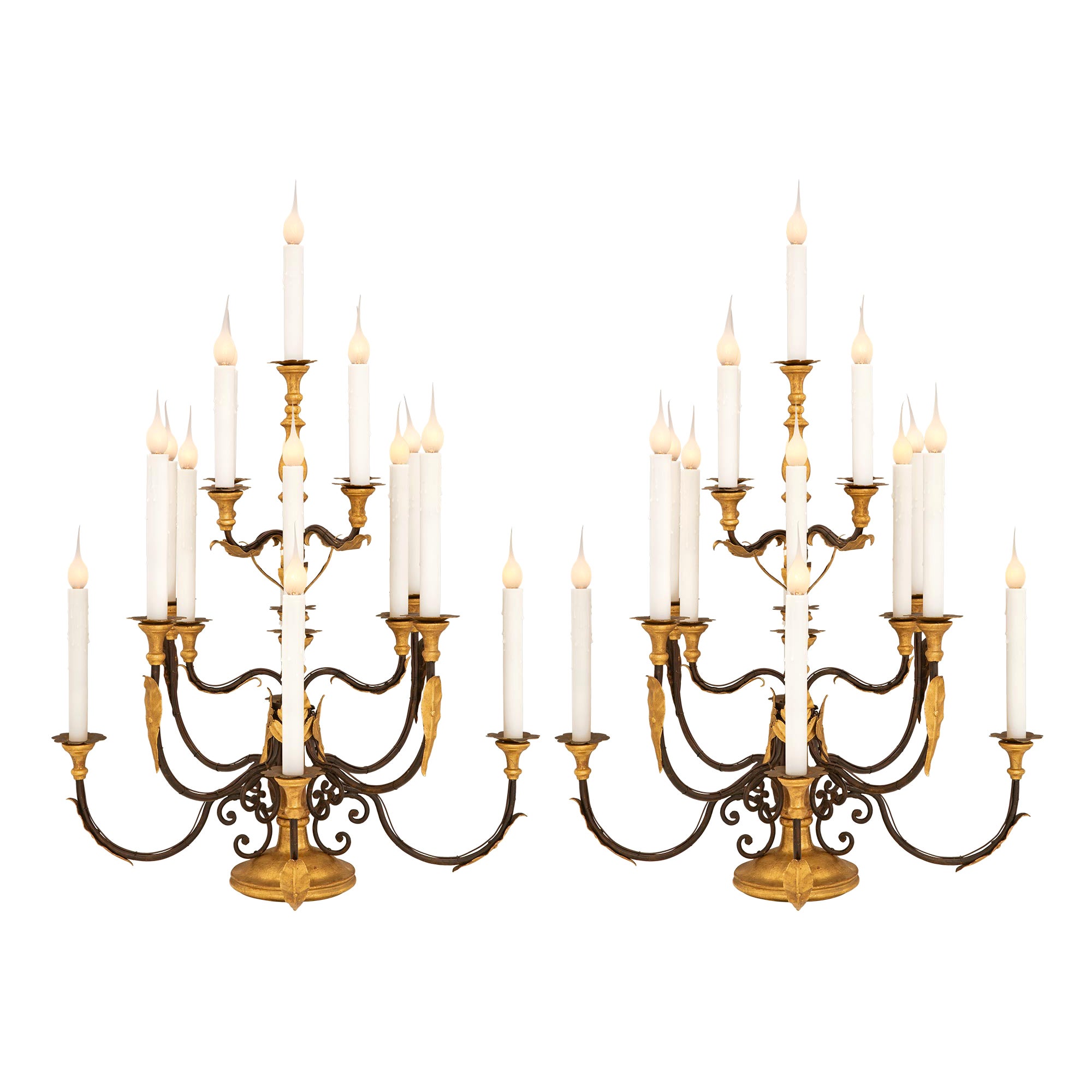 Pair of Italian 18th Century Baroque St. Wrought Iron Candelabra Lamps