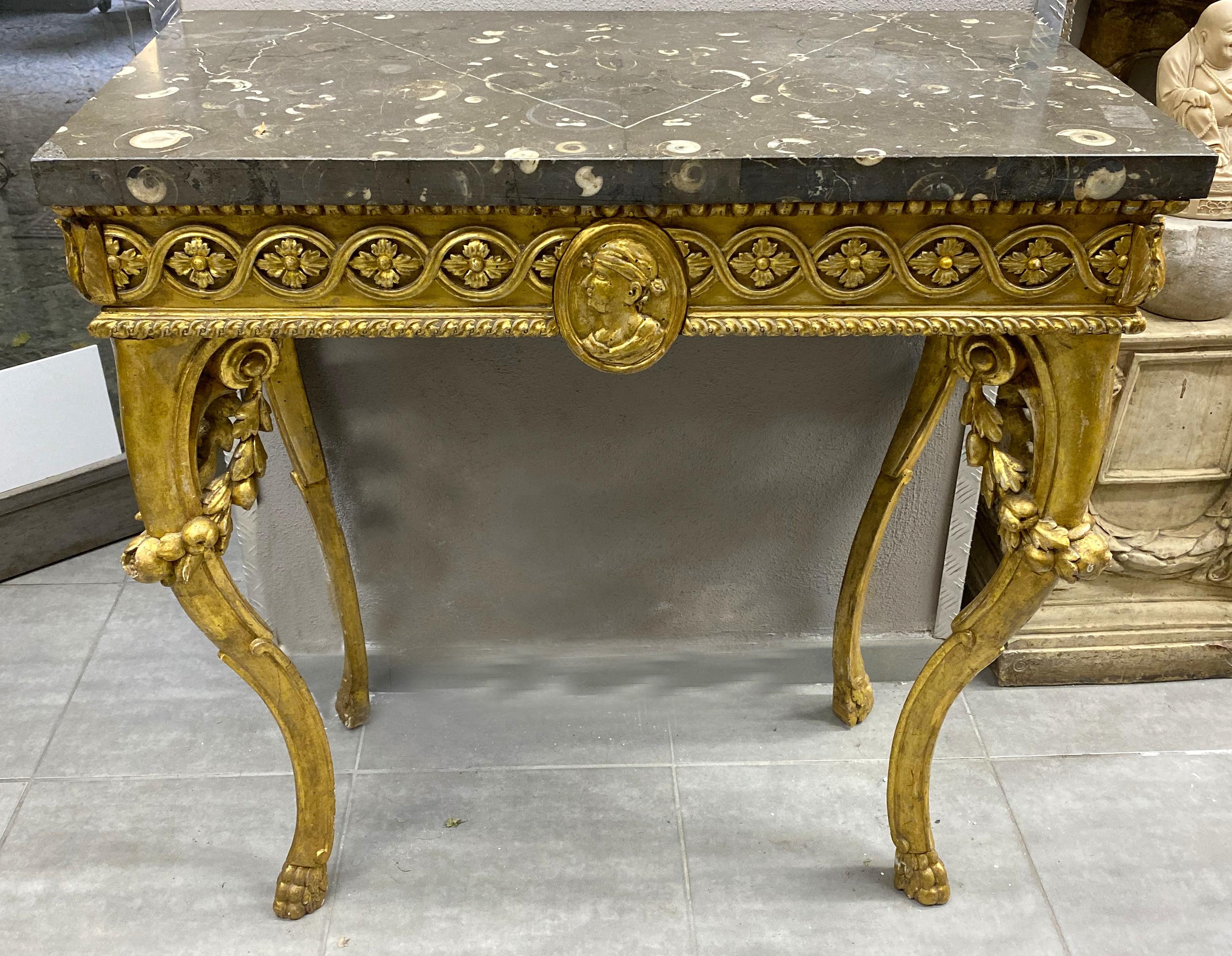 Louis XVI Pair of Italian 18th Century Carved Giltwood Console Tables, 1770