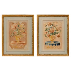 Pair of Italian 18th Century Embroidered Silk and Giltwood Wall Decor
