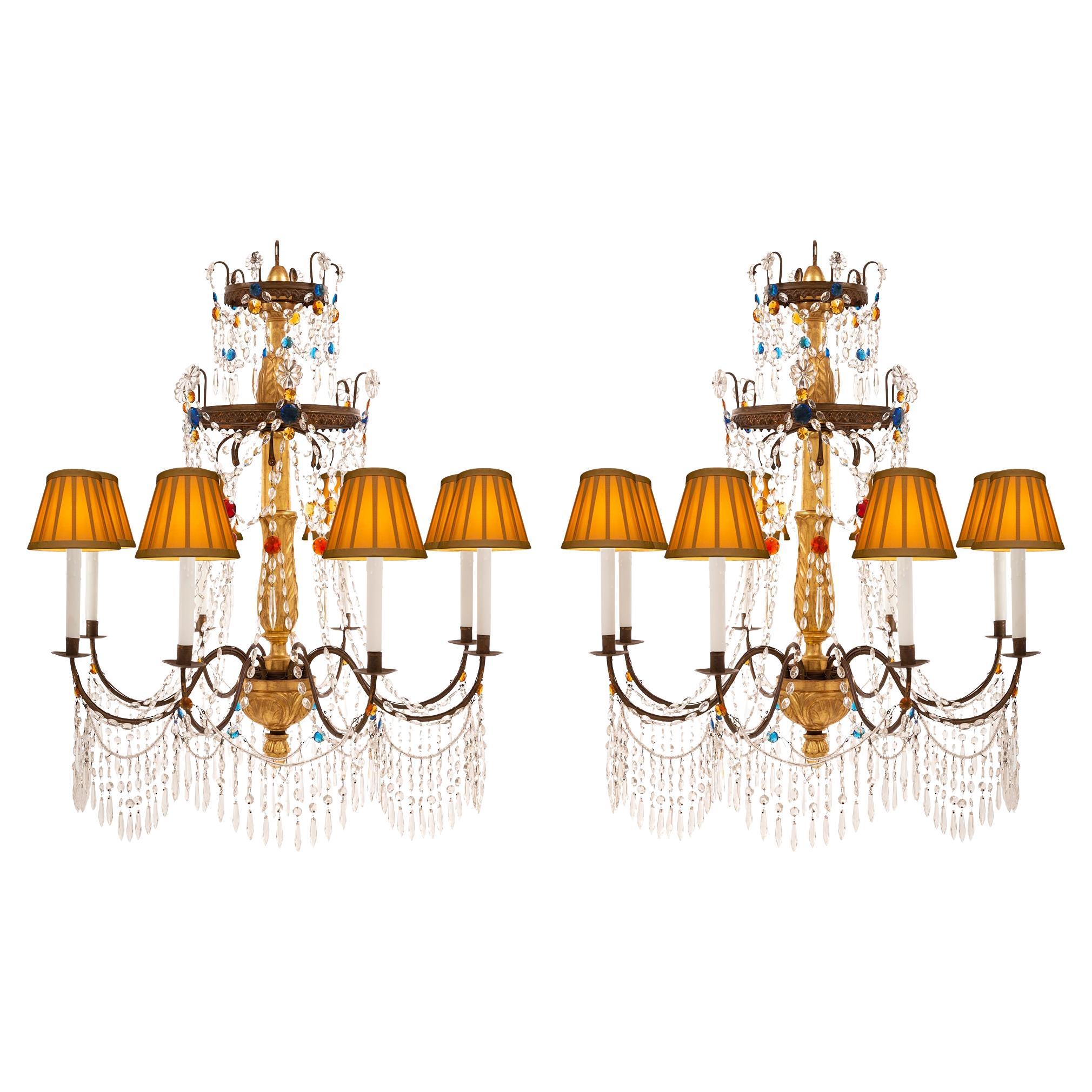 Pair of Italian 18th Century Genovese St. Giltwood and Crystal Chandeliers For Sale