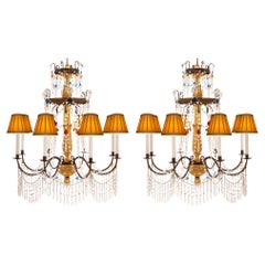 Pair of Italian 18th Century Genovese St. Giltwood and Crystal Chandeliers