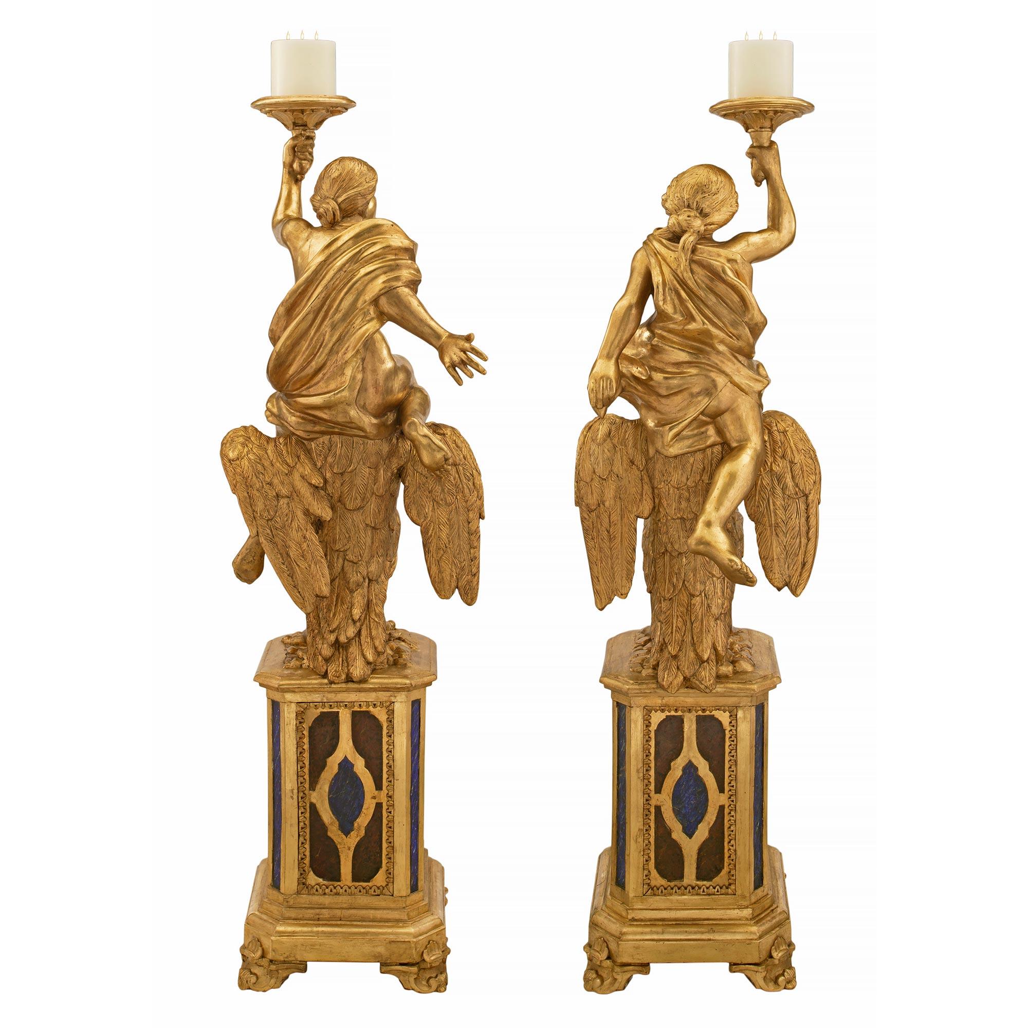 18th Century and Earlier Pair of Italian 18th Century Giltwood and Faux Painted Baroque Torchières For Sale